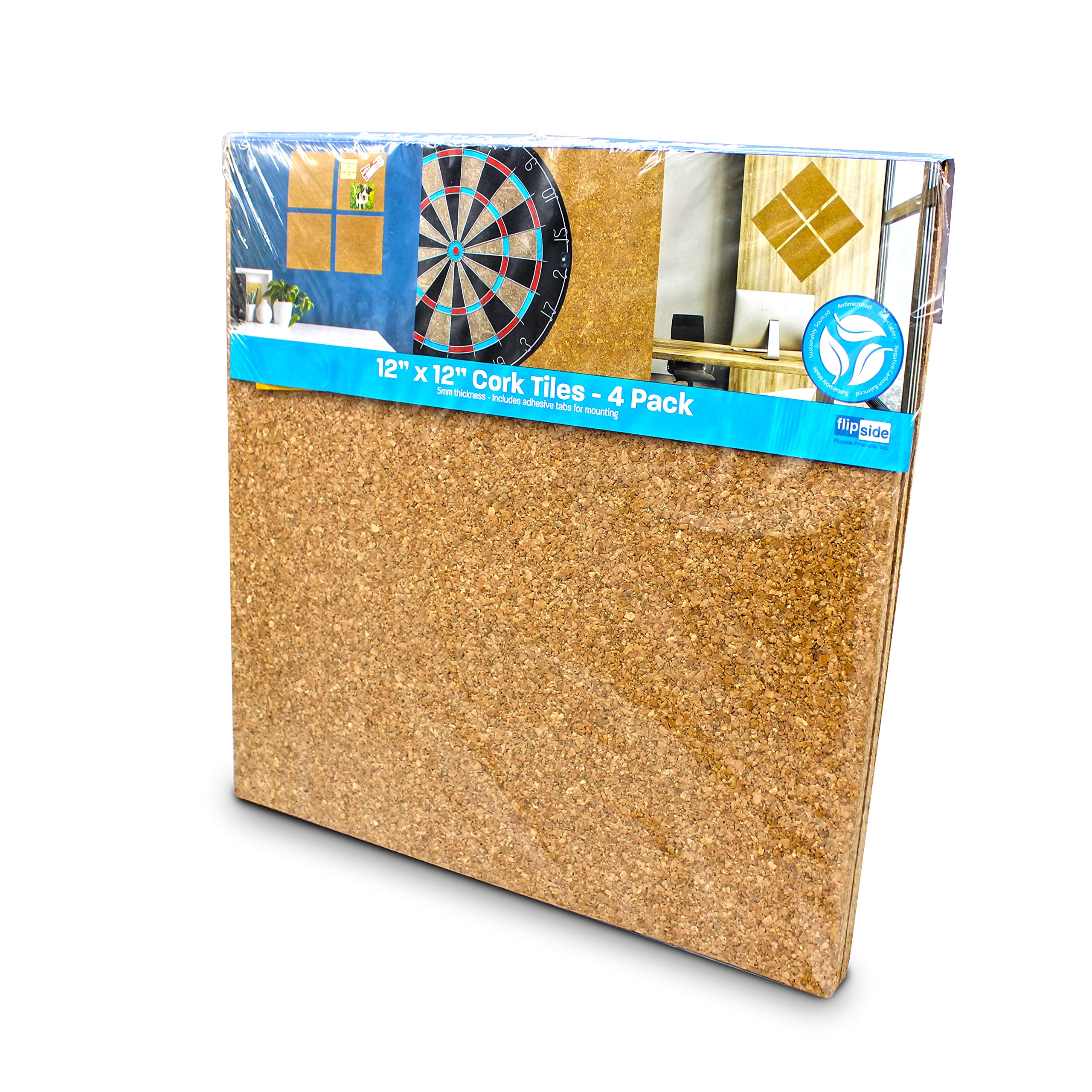 Flipside Cork Tiles, 12 x 12 Inches, Natural, Pack of 4