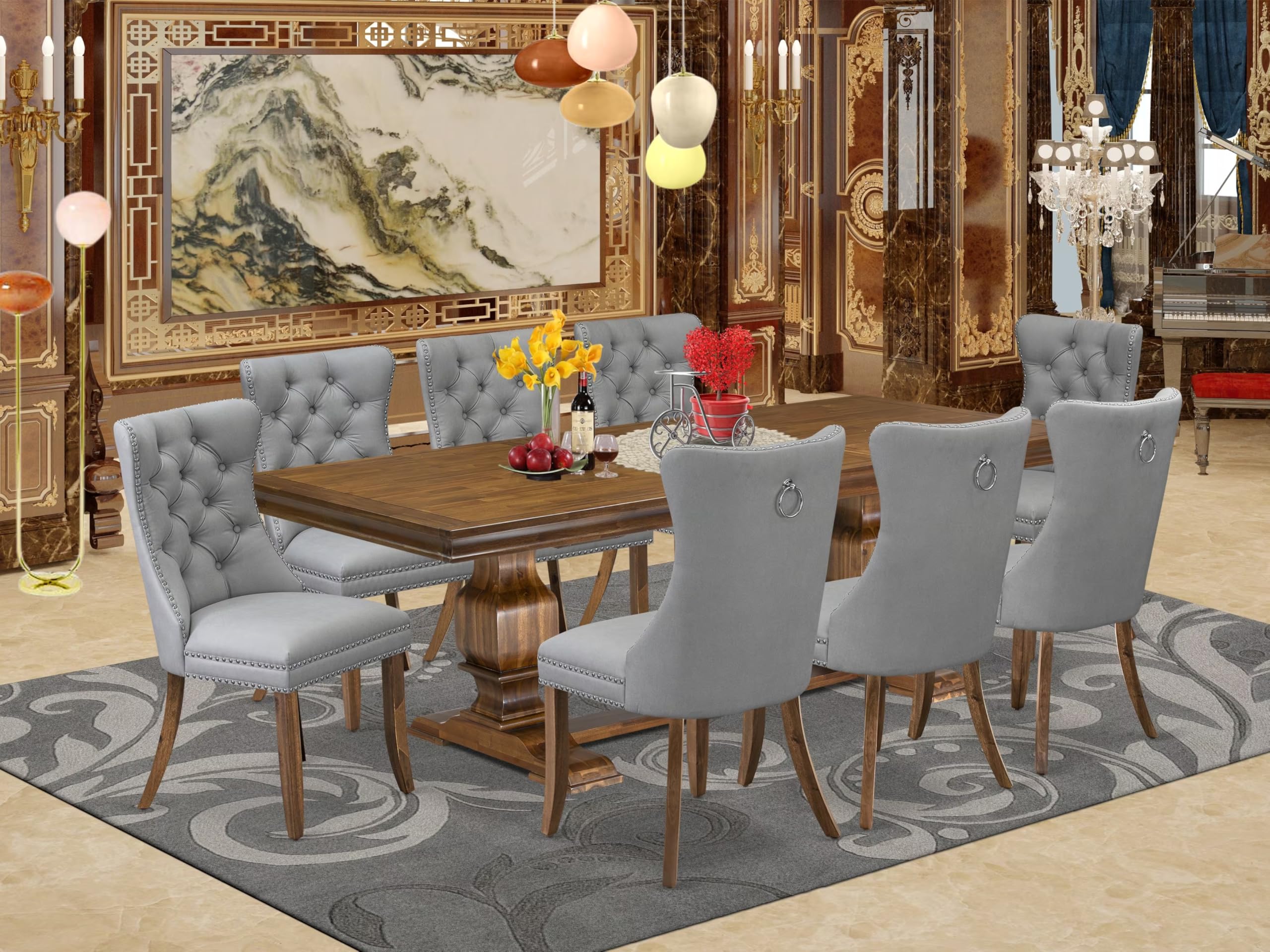 9 Pieces Dining Table Set a Rectangle Table and 8 Dining Chairs, Antique Walnut