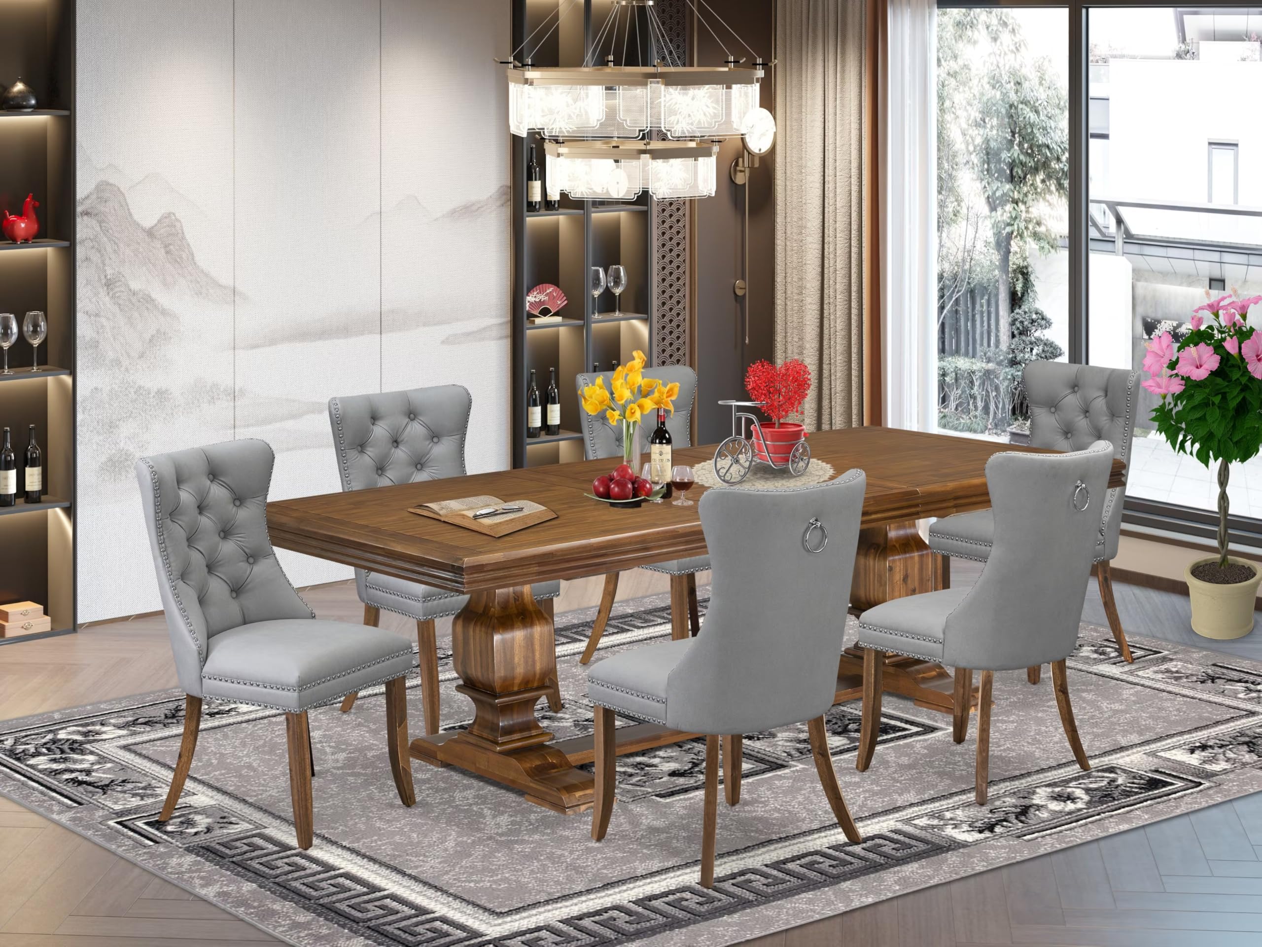 7 Pieces Dining Set Contains a Rectangle Kitchen Table and 6 Modern Chairs
