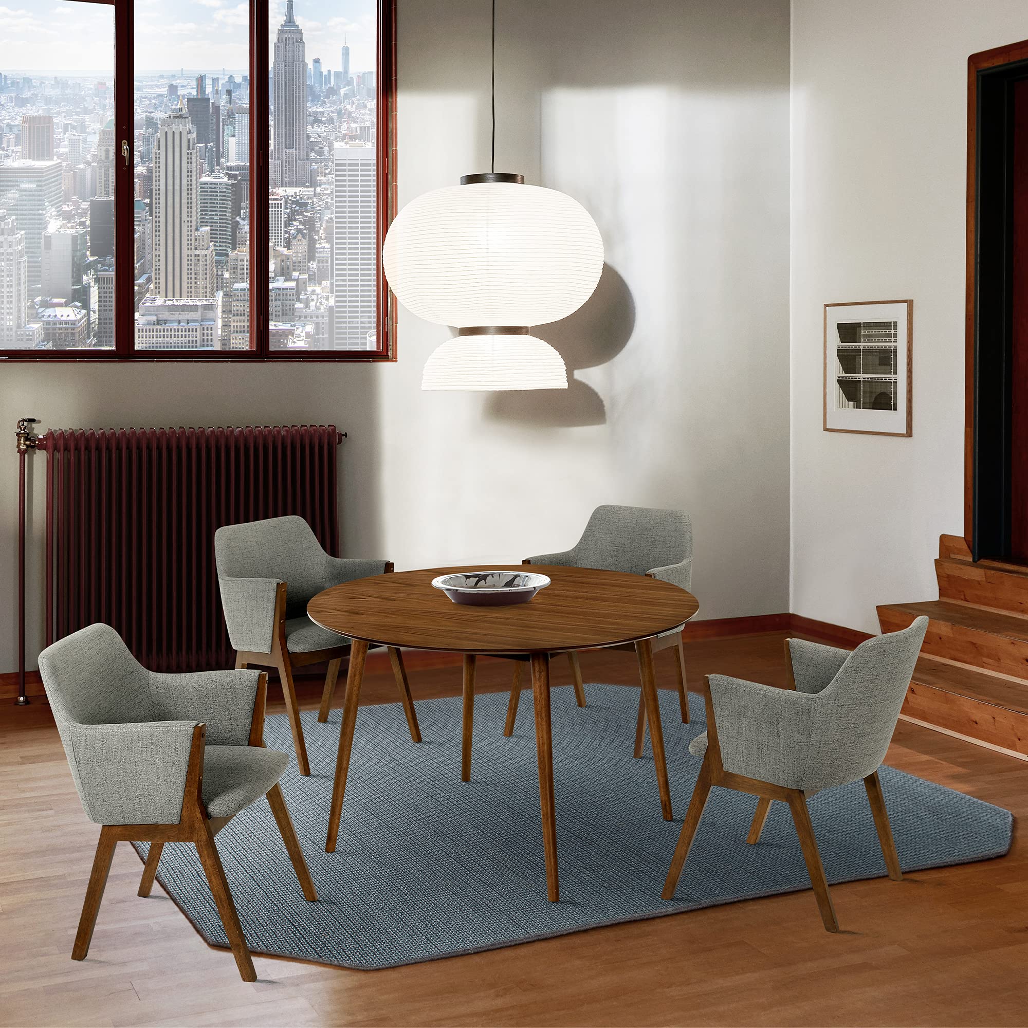Armen Living Arcadia And Renzo 5 Piece Dining Set, 48 Round, Charcoal/Walnut Wood