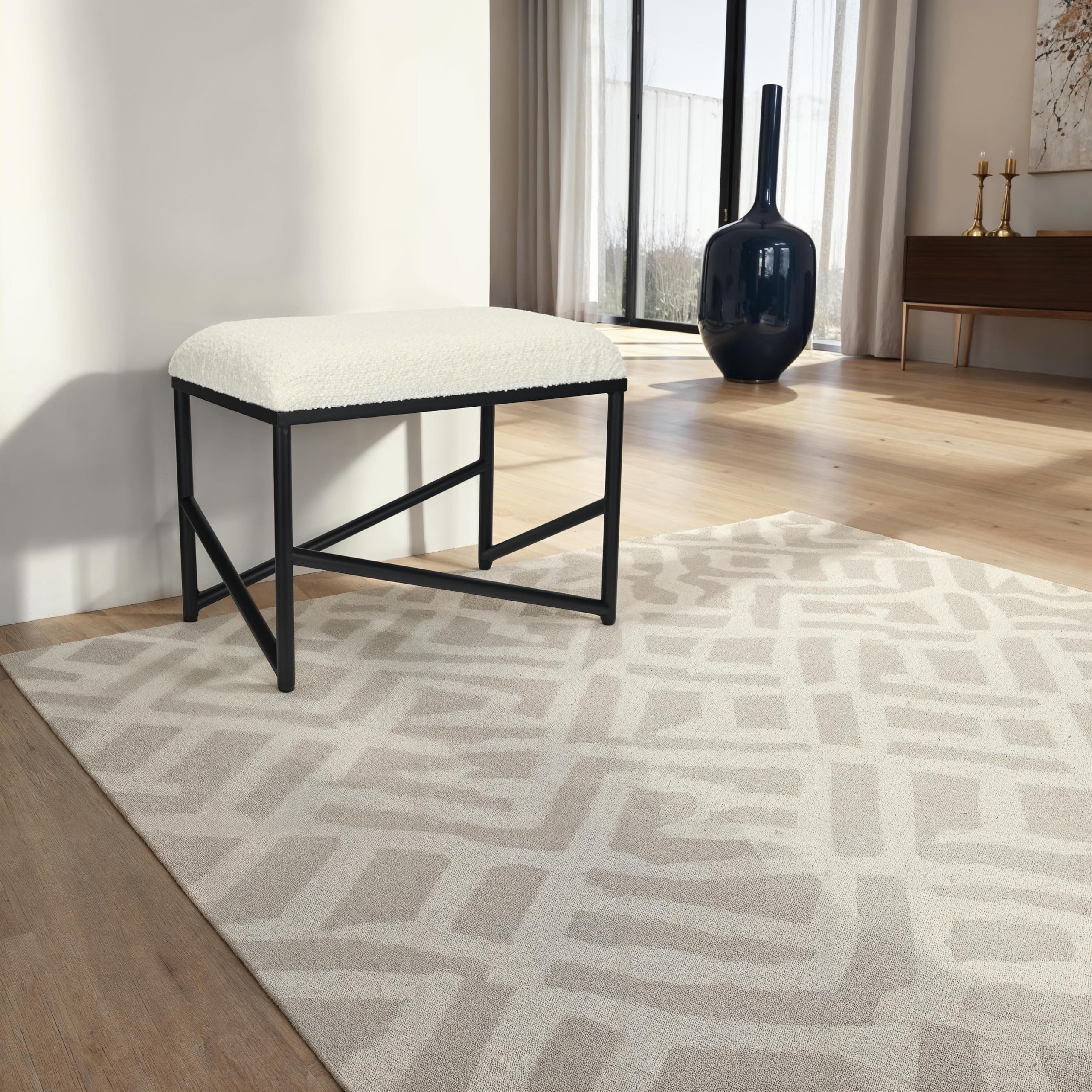 Trion Abstract Black Bench with White Boucle Upholstery