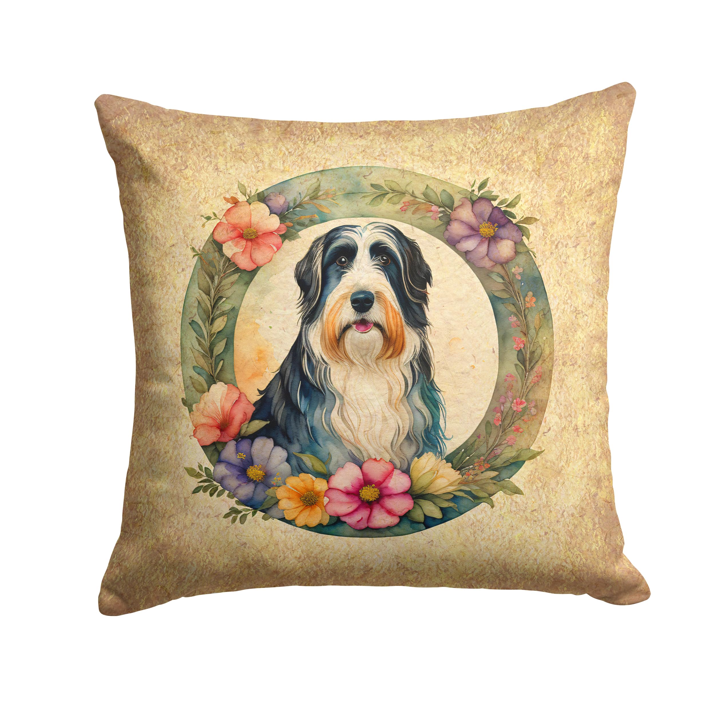 Bearded Collie and Flowers Throw Pillow