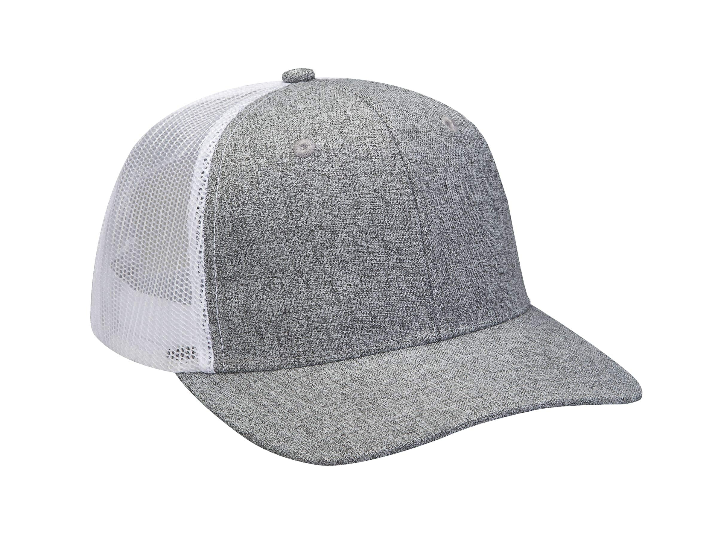 PV102 | PREMIER- 95% Polyester/5% Spandex, heather woven fabric front panels and visor, contrast color nylon mesh back panels, six-panel, Pro-Mid Structured crown, wider semi-flat visor, matching color plastic snap back closure. - CHARCOAL/WHITE