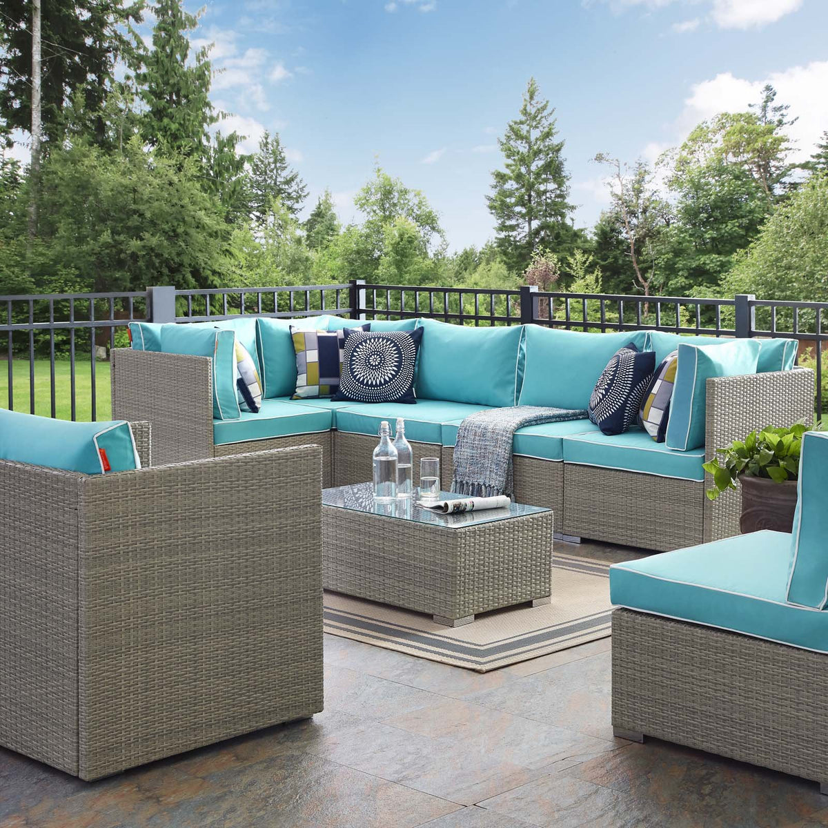 Modway Eei-3010-Lgr-Trq-Set Repose Outdoor Patio Sectional Set, 7 Piece, Light Gray Turquoise