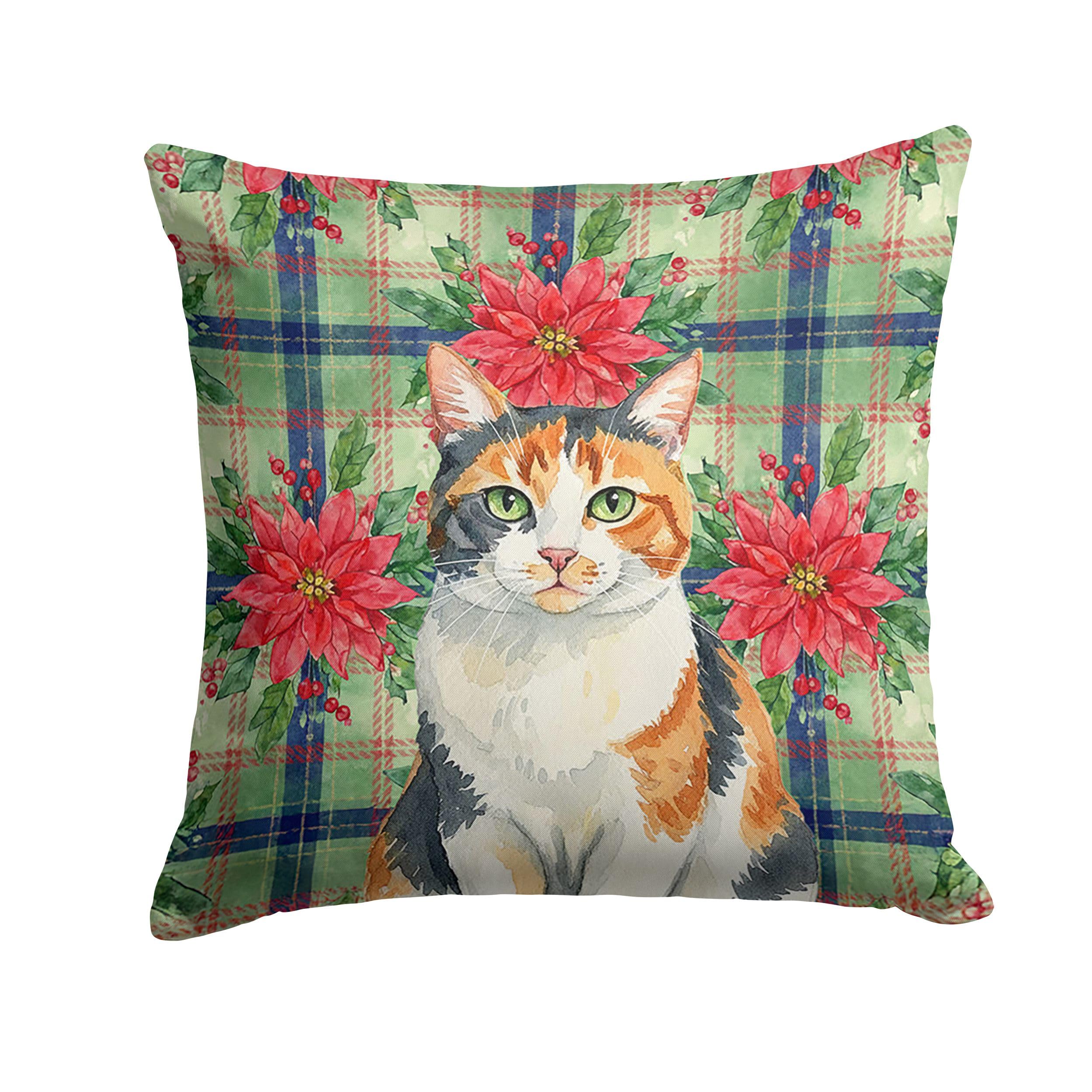 Carolines Treasures Calico Cat with Poinsettias Throw Pillow Decorative Indoor Outdoor Accent Cushion for Couch, Bed or Patio, 18Hx18W