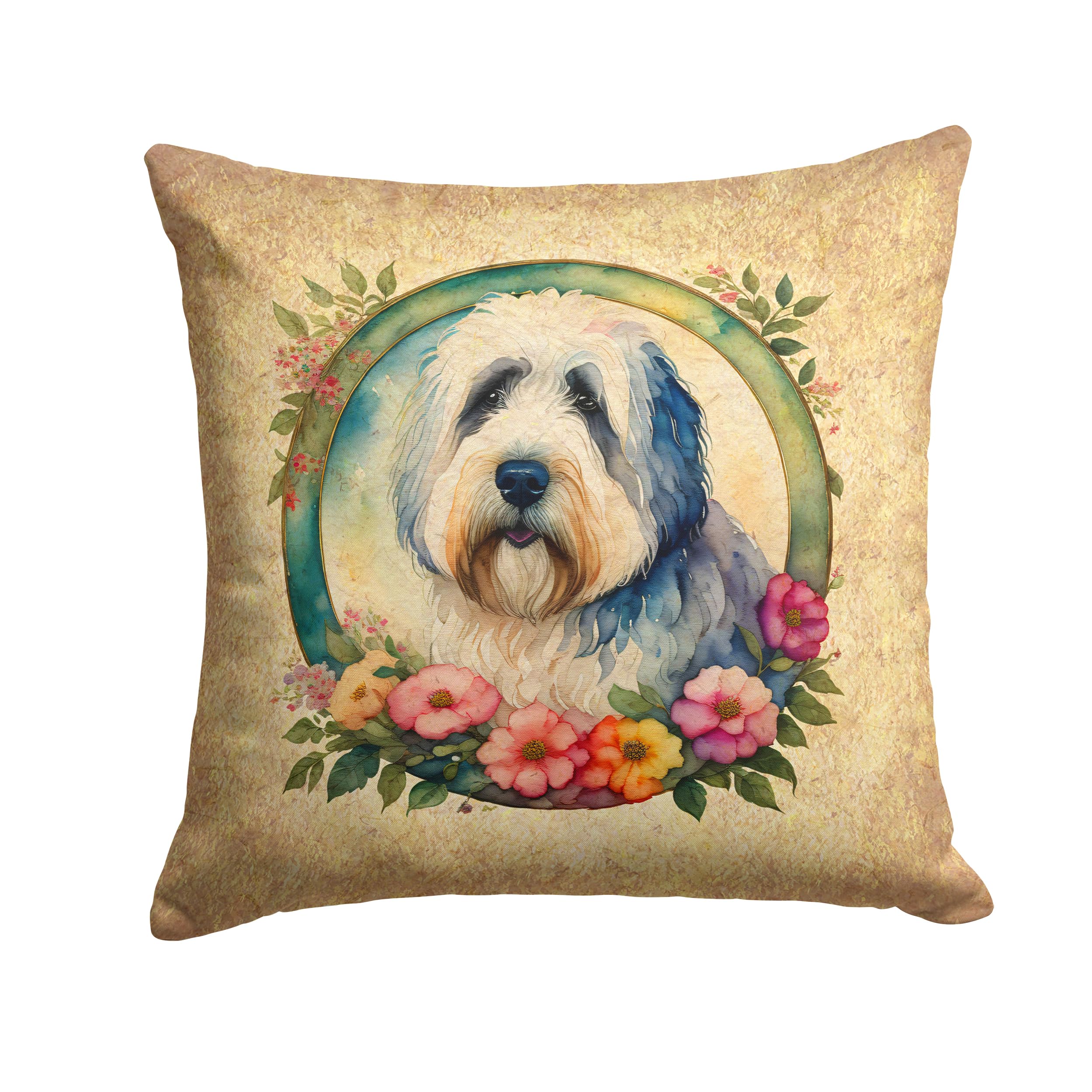 Old English Sheepdog And Flowers Throw Pillow