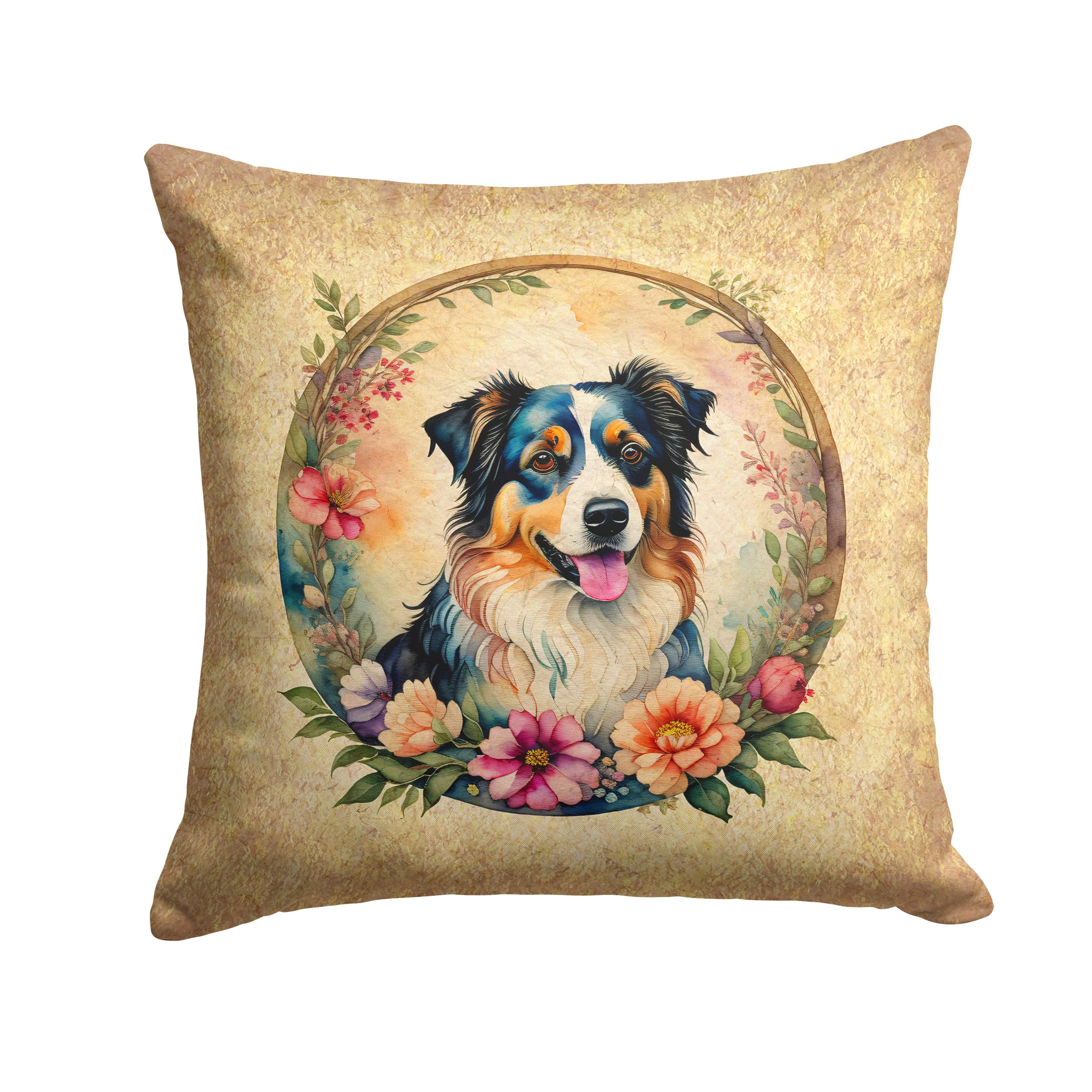 Australian Shepherd And Flowers Throw Pillow