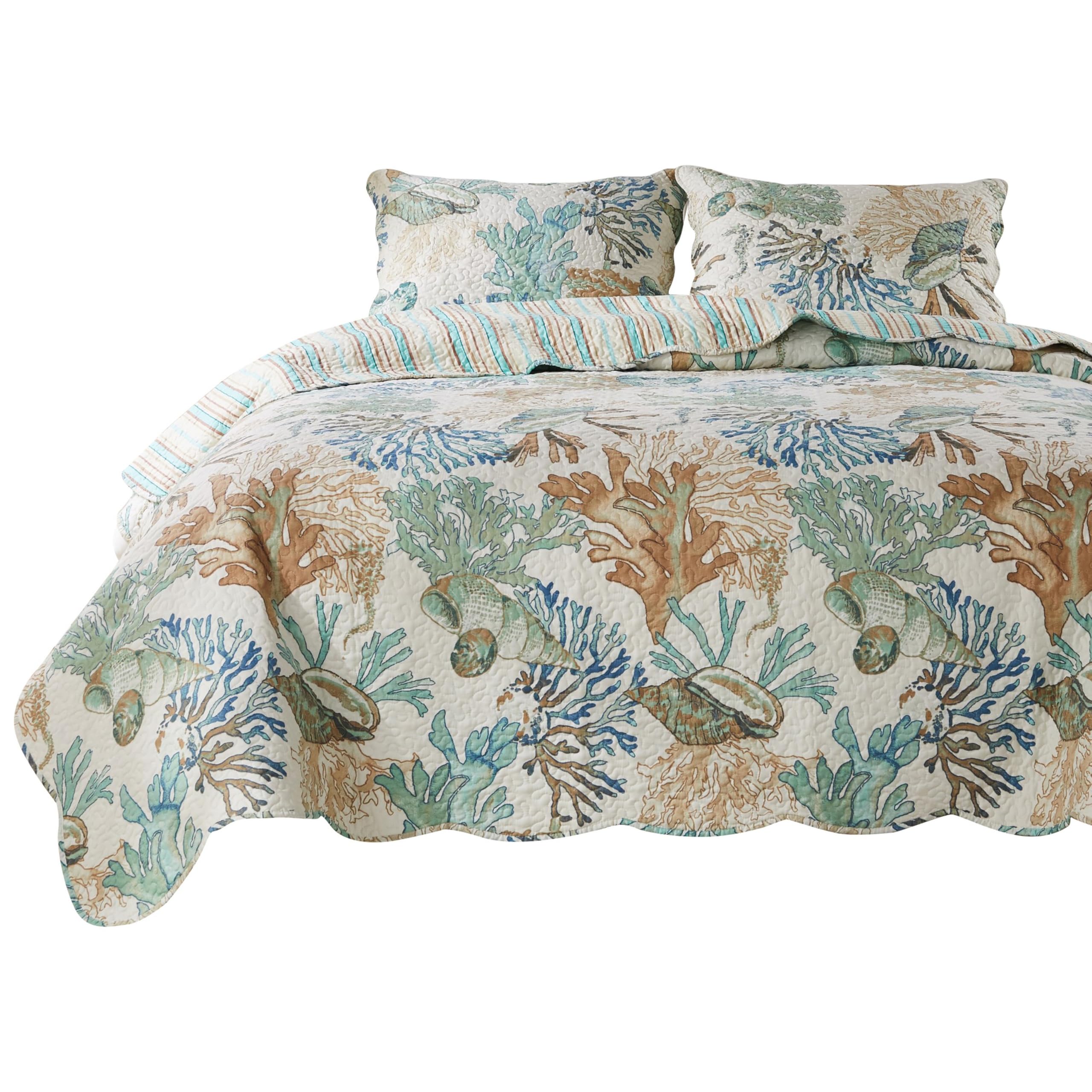 Wade 3pc Full/Queen Quilt Set with Sham, Jade Blue Coastal Microfiber