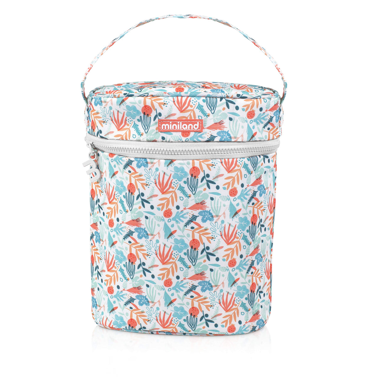 Miniland Mediterranean Twin Double Thermibag For Thermos Or Bottle, Teal Coral Foliage Pattern Isothermal Bag With Zip Top Snap