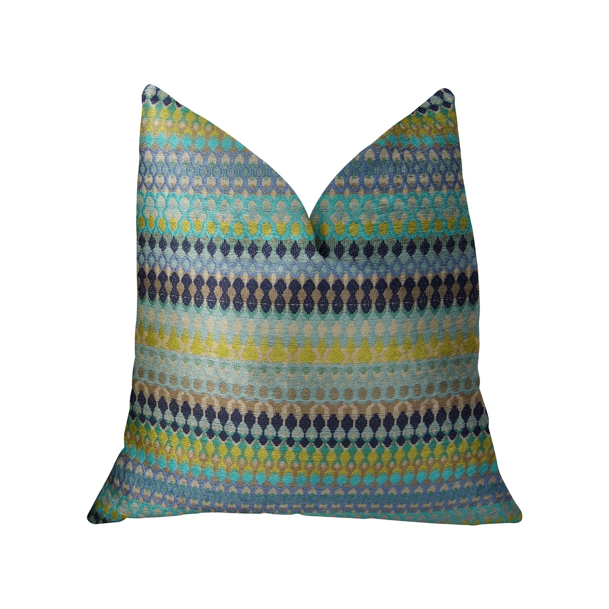 Plutus Lake Marsh Turquoise Yellow and Navy Handmade Luxury Pillow - Double sided  26 x 26″