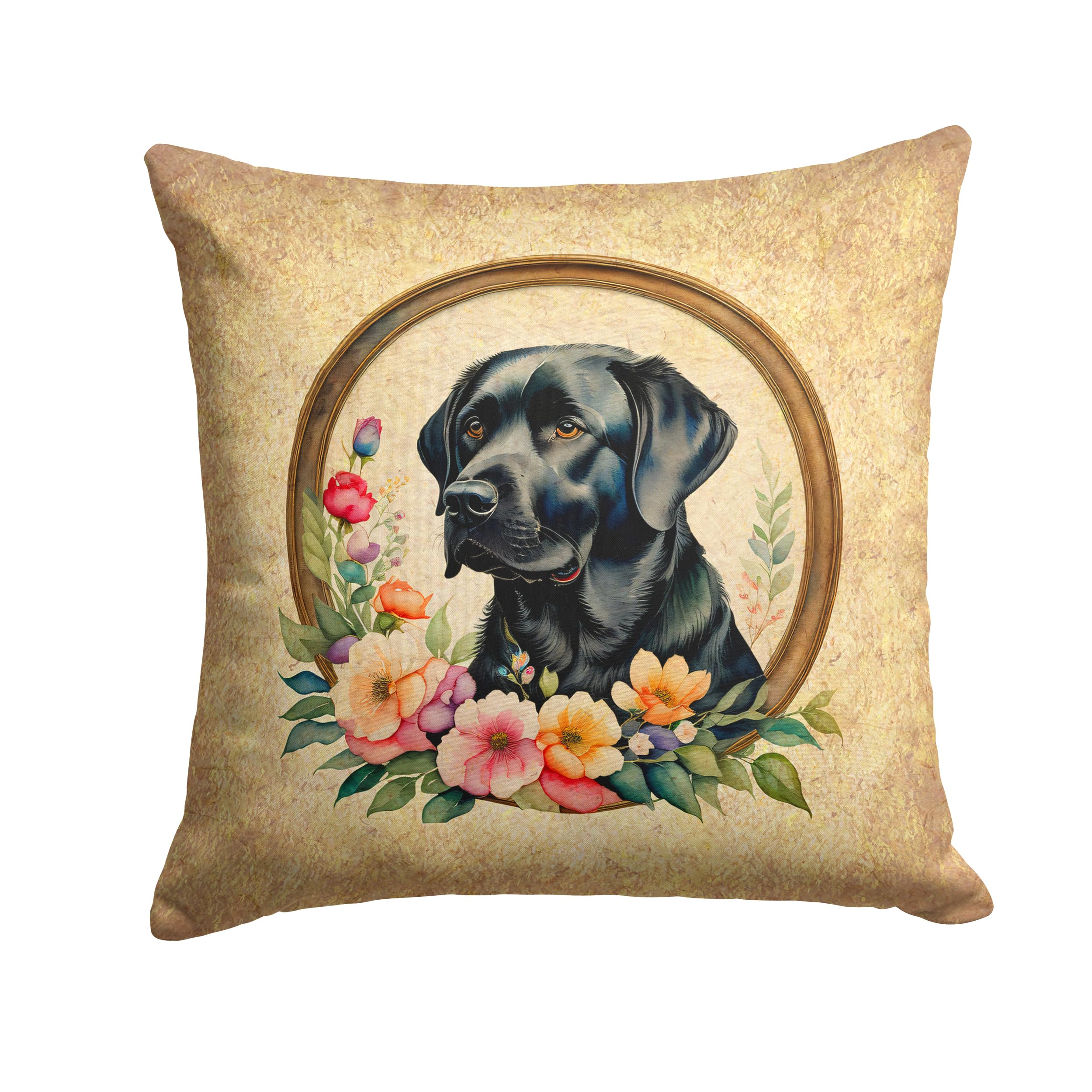 Black Labrador Retriever And Flowers Throw Pillow