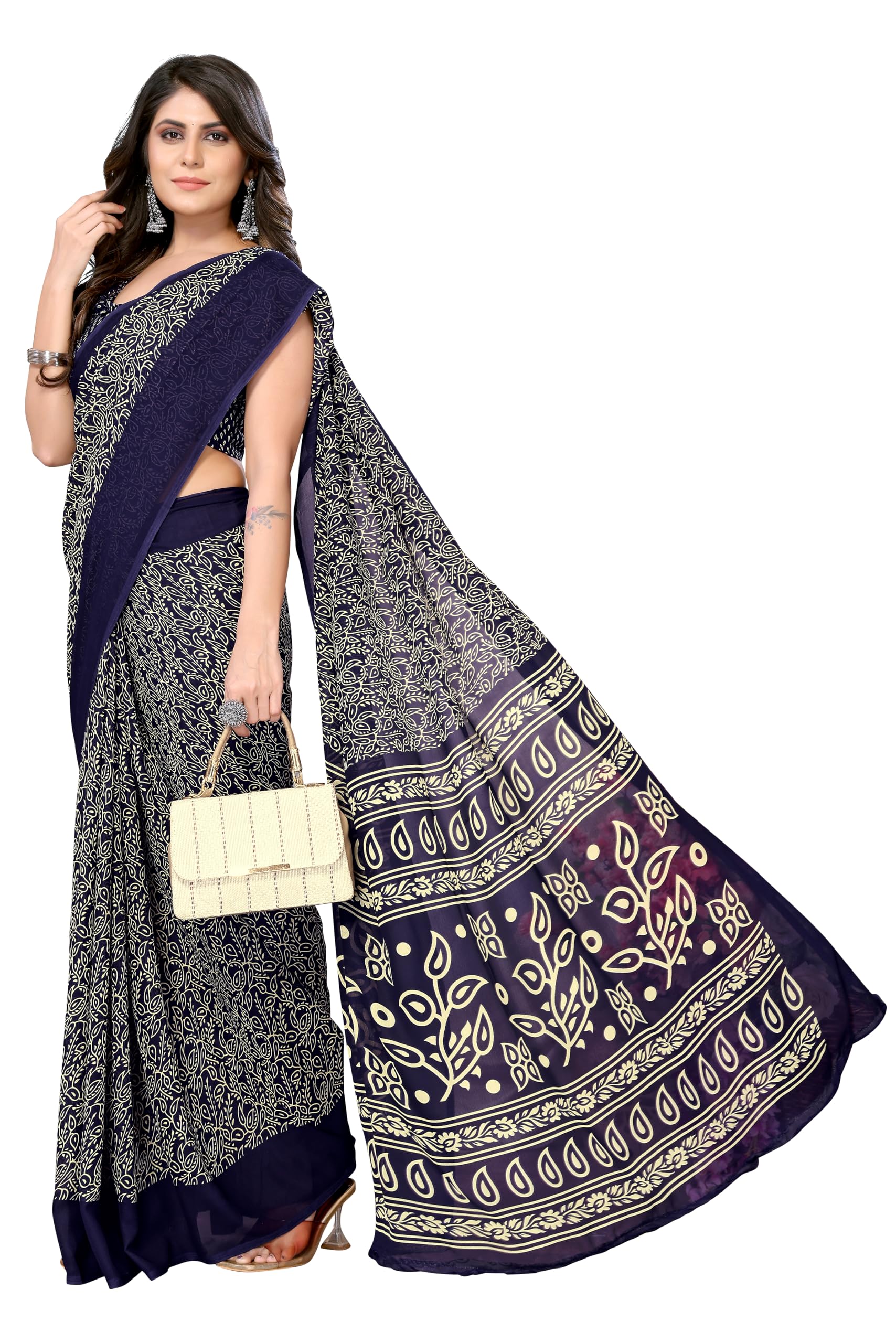 Yashika Womens Trendy Printed Georgette Navy Color Saree with Blouse Material(AZ-YS-P1-USHA NAVY)