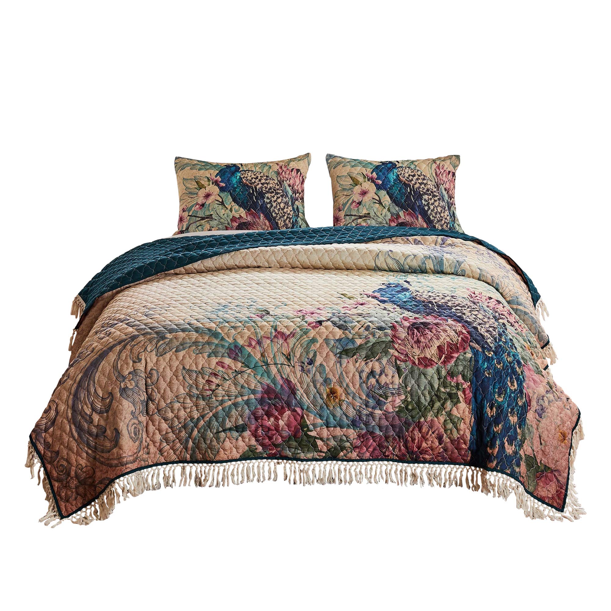 3 Piece King Size Quilt Set with Floral Print and Crochet Trim, Multicolor