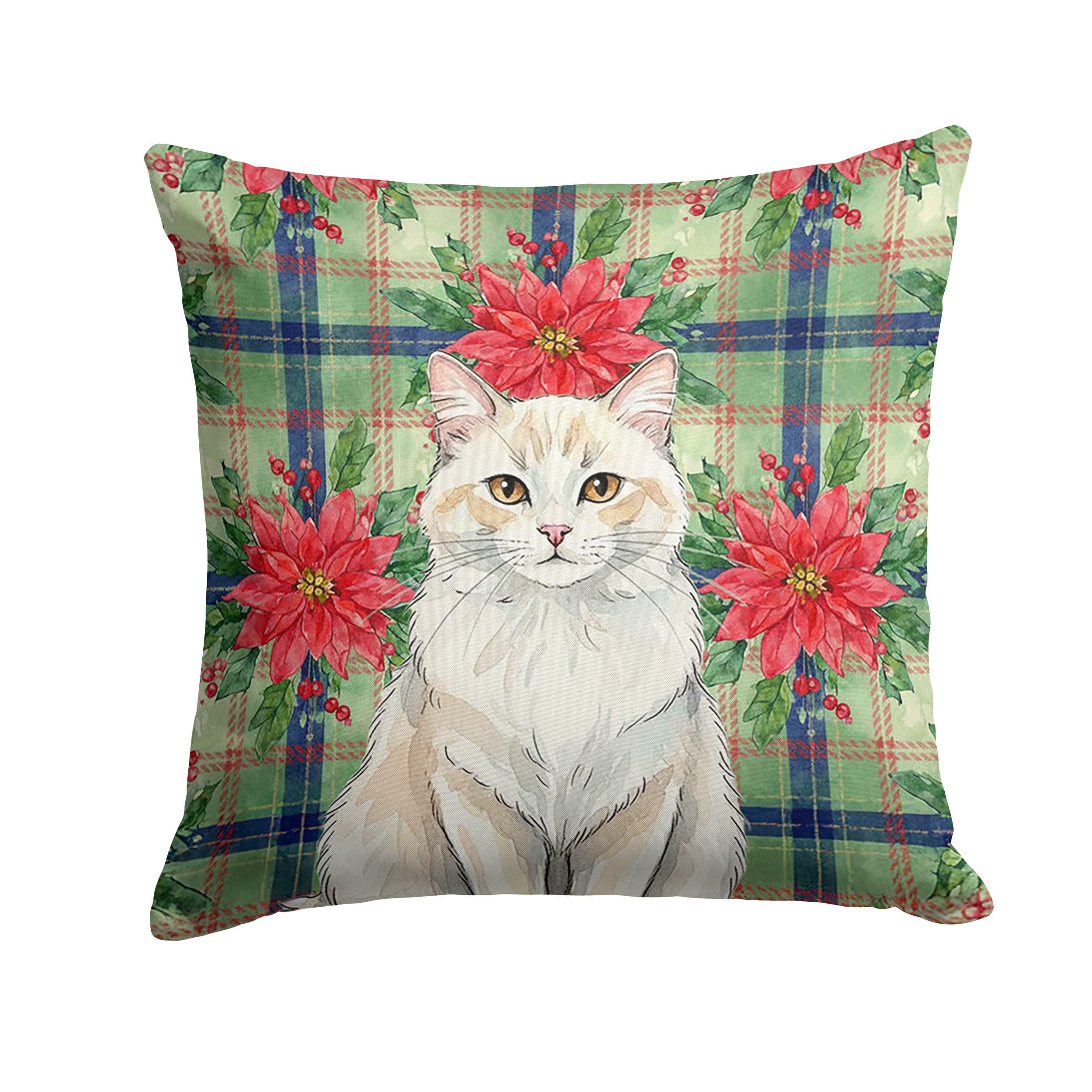 Carolines Treasures Cream and White Cat with Poinsettias Throw Pillow Decorative Indoor Outdoor Accent Cushion for Couch, Bed or Patio, 18Hx18W