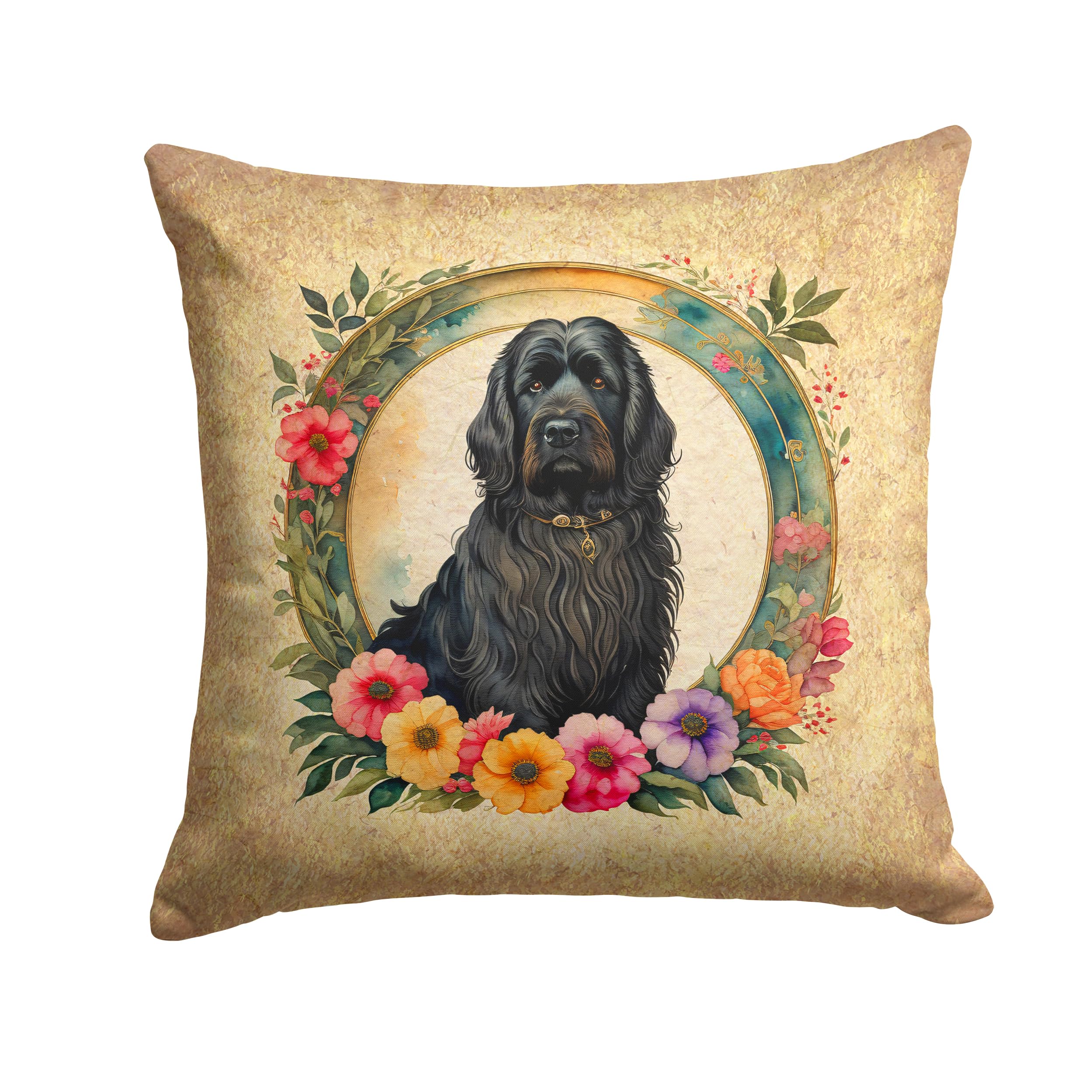 Briard And Flowers Throw Pillow