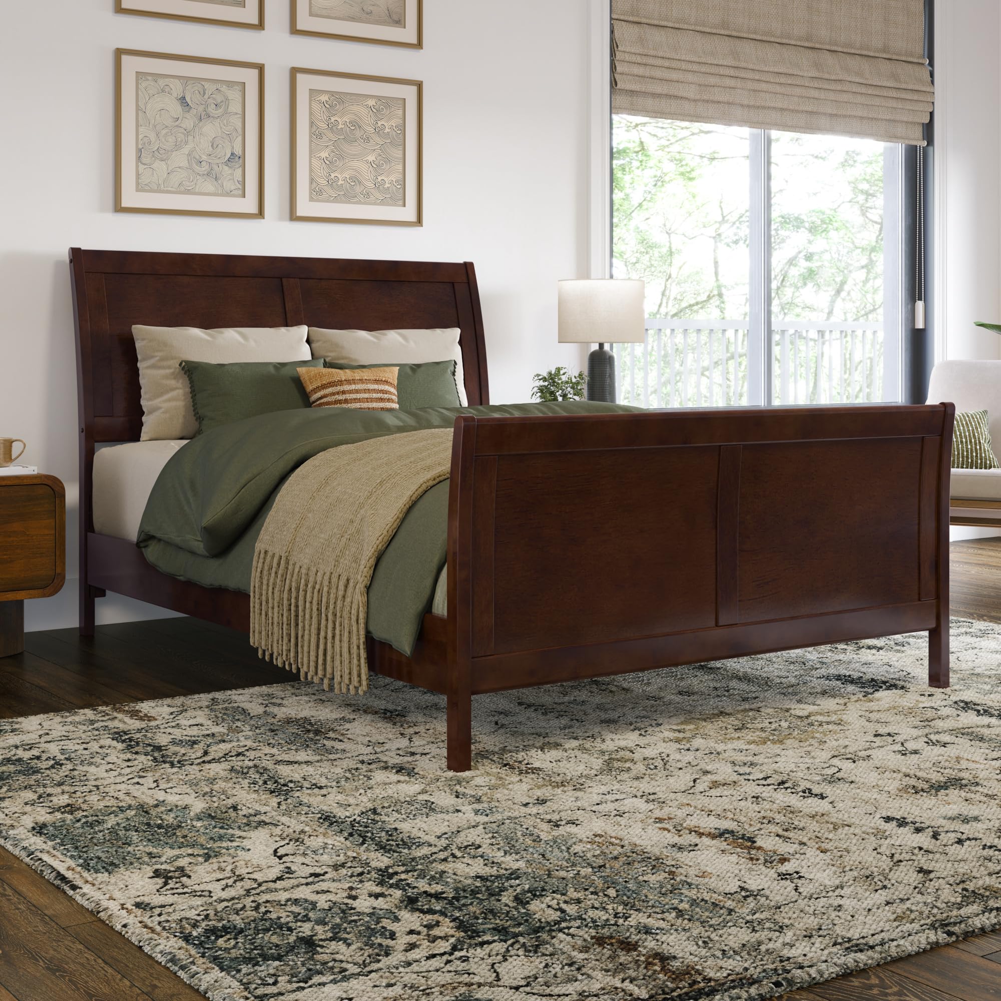 Valencia Full Solid Wood Low Profile Sleigh Platform Bed with Matching Footboard in Walnut