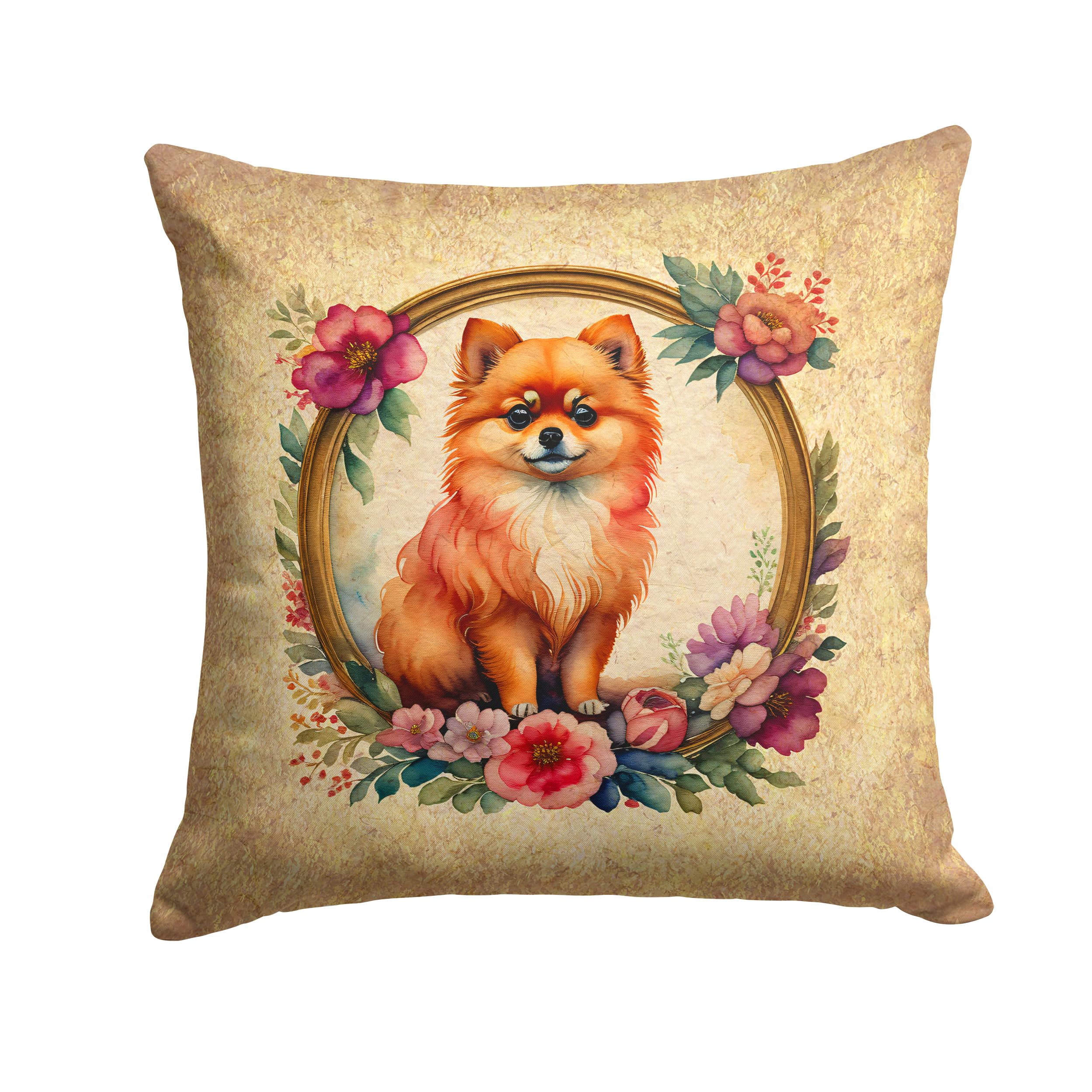 Pomeranian and Flowers Throw Pillow
