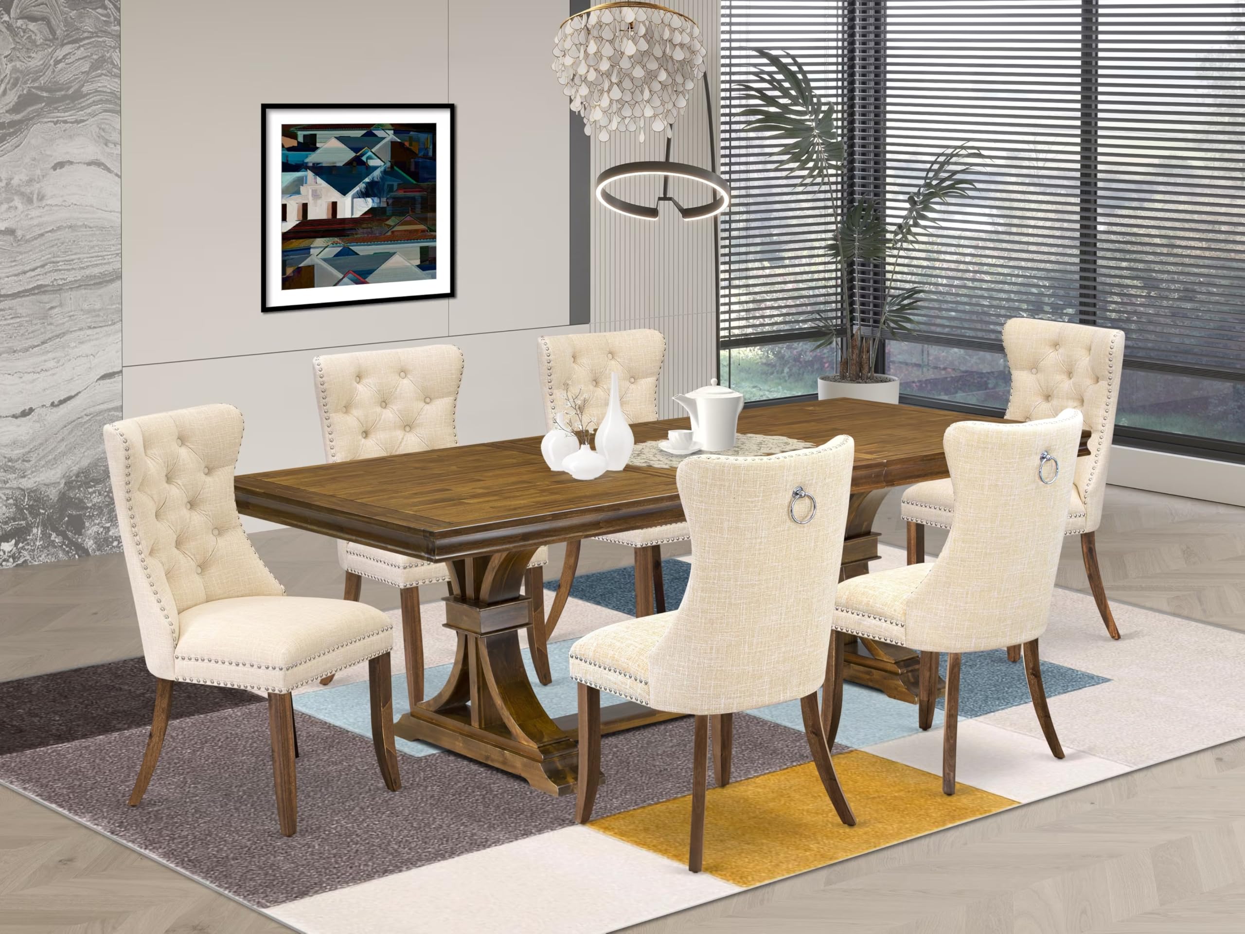 7 Pieces Dining Set Contains a Rectangle Kitchen Table and 6 Modern Chairs