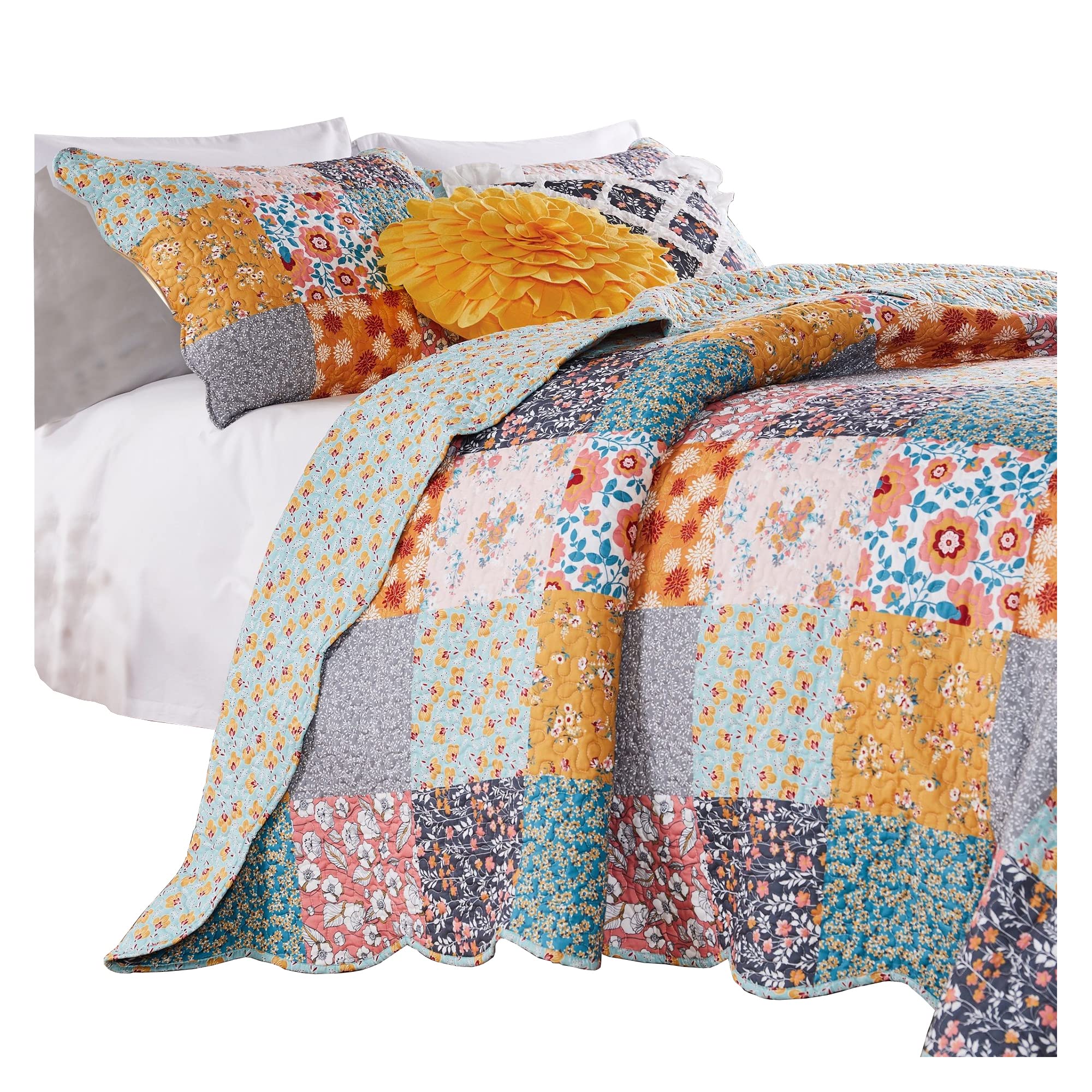 3 Piece King Quilt Set with Floral Print, Multicolor