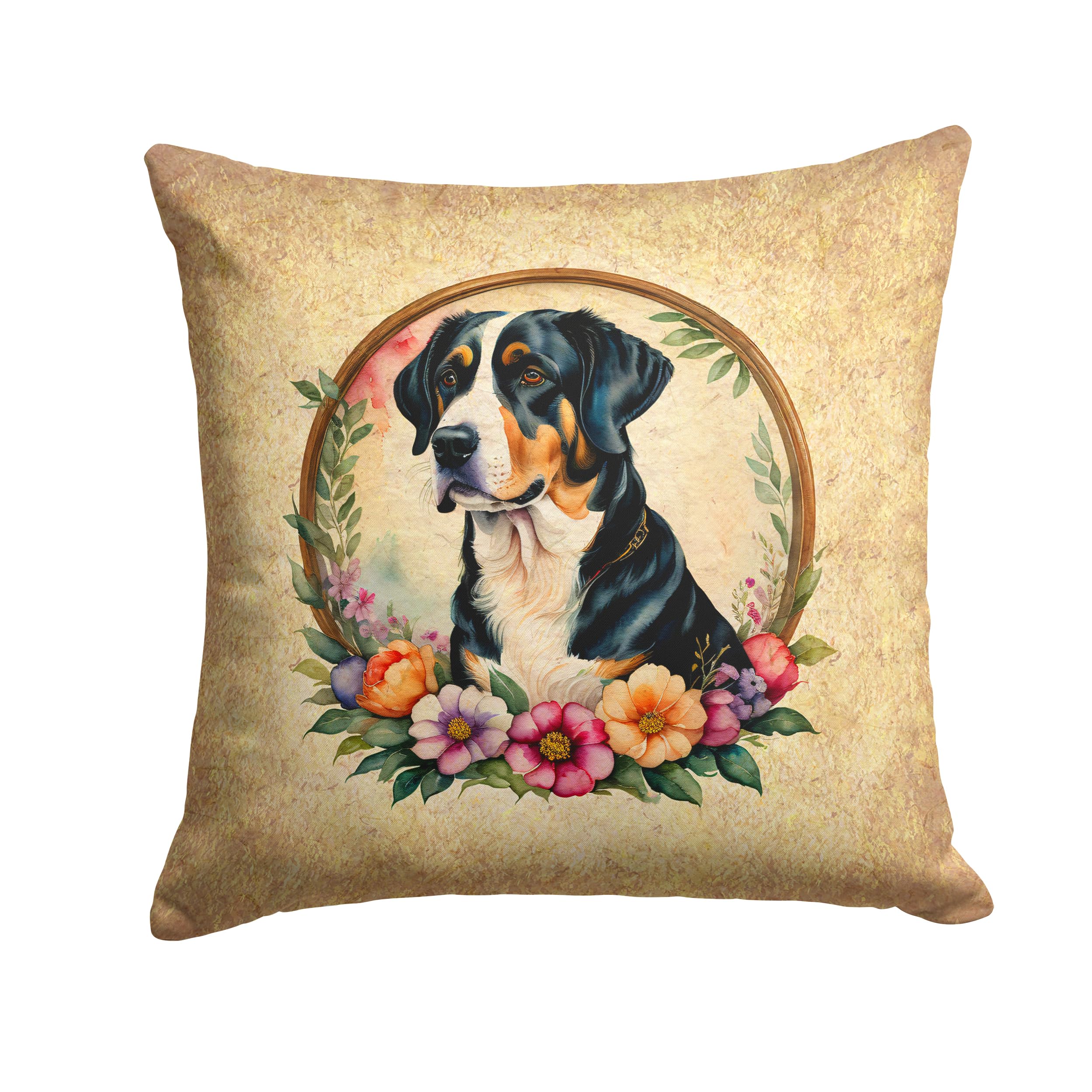 Greater Swiss Mountain Dog And Flowers Throw Pillow