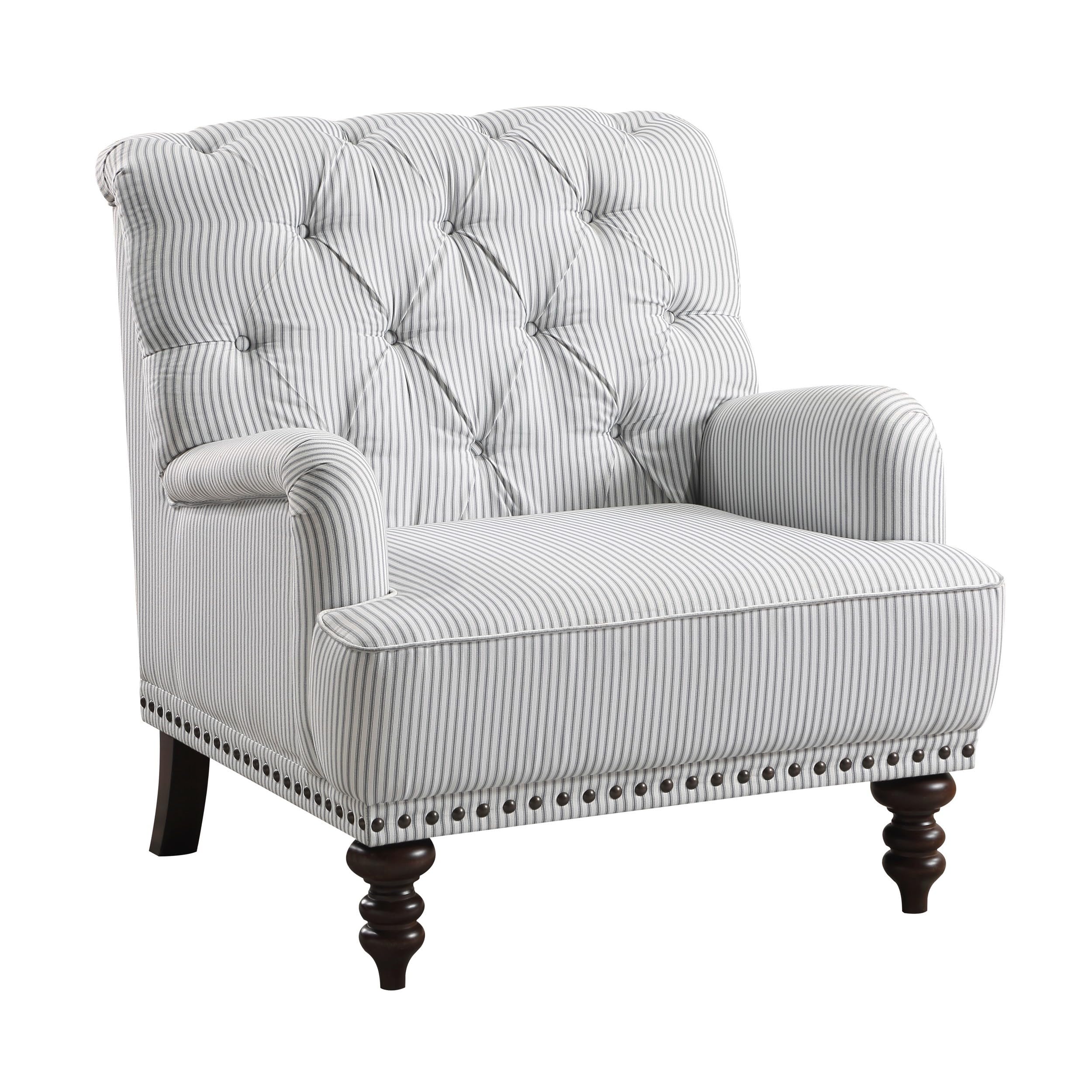 Parry 34 Inch Tufted Accent Chair, Gray White Striped Fabric, Turned Legs