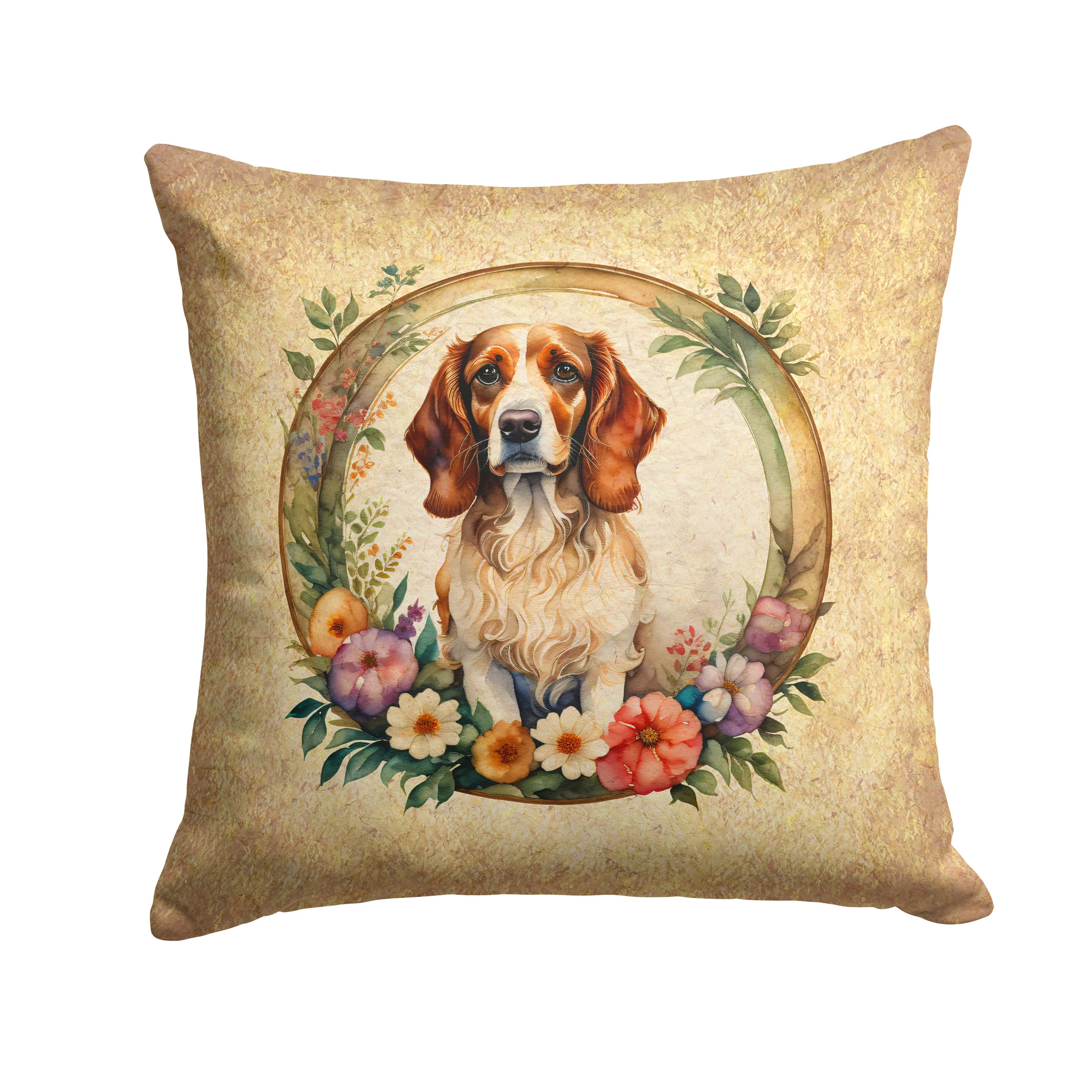 Brittany Spaniel And Flowers Throw Pillow