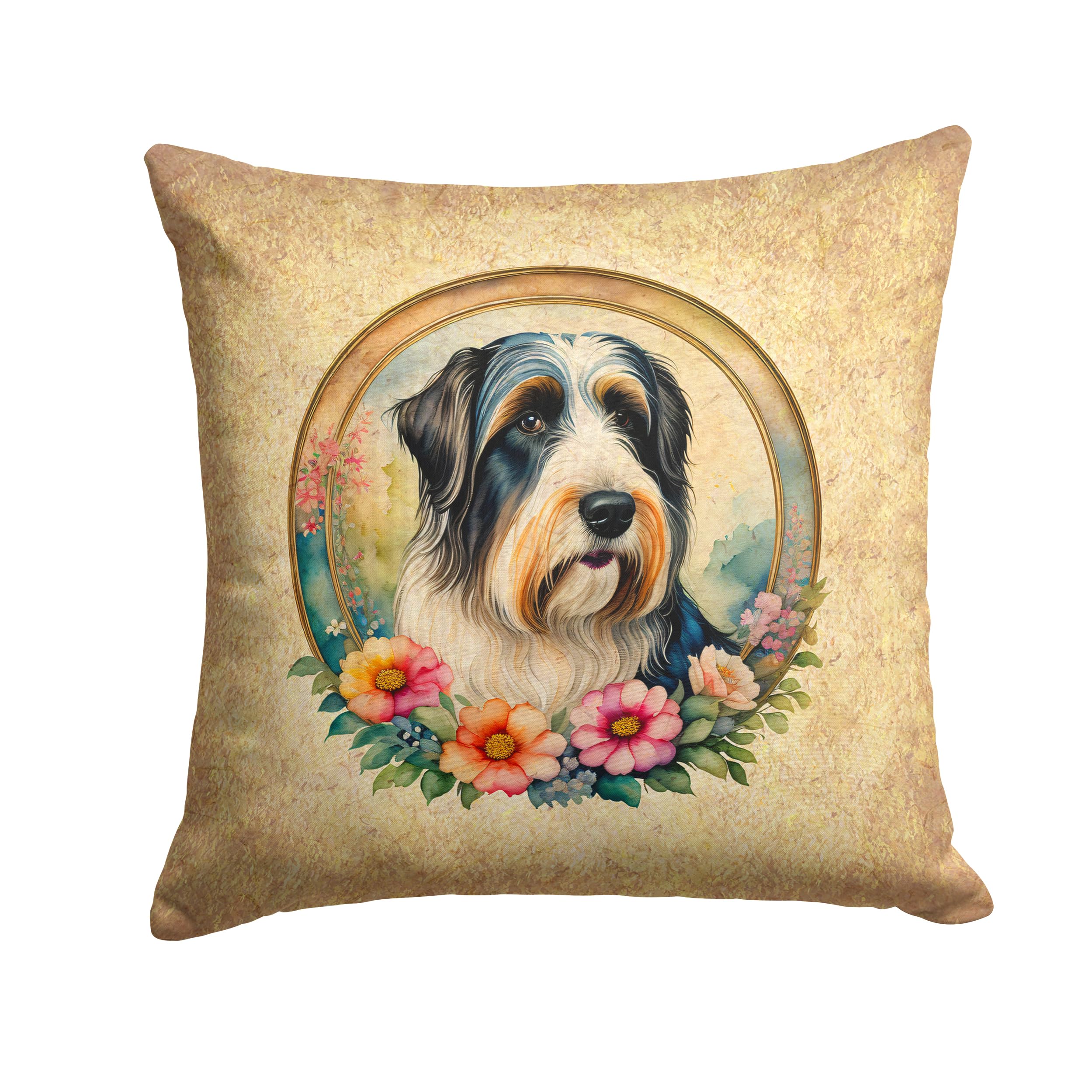 Bearded Collie and Flowers Throw Pillow