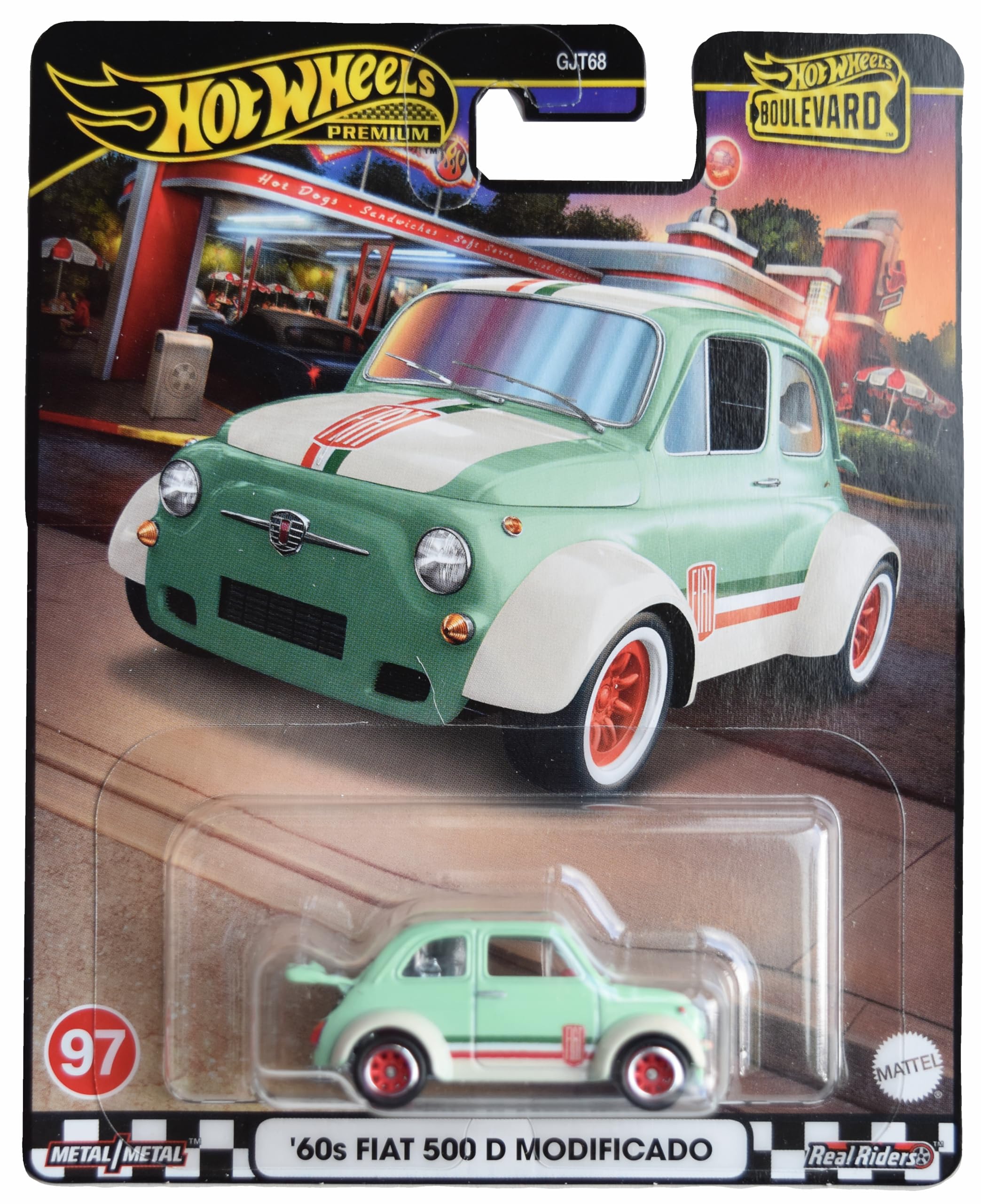 1960s Fiat 500 D Modificado Light Green with Stripes Boulevard Series Diecast Model Car by Hot Wheels