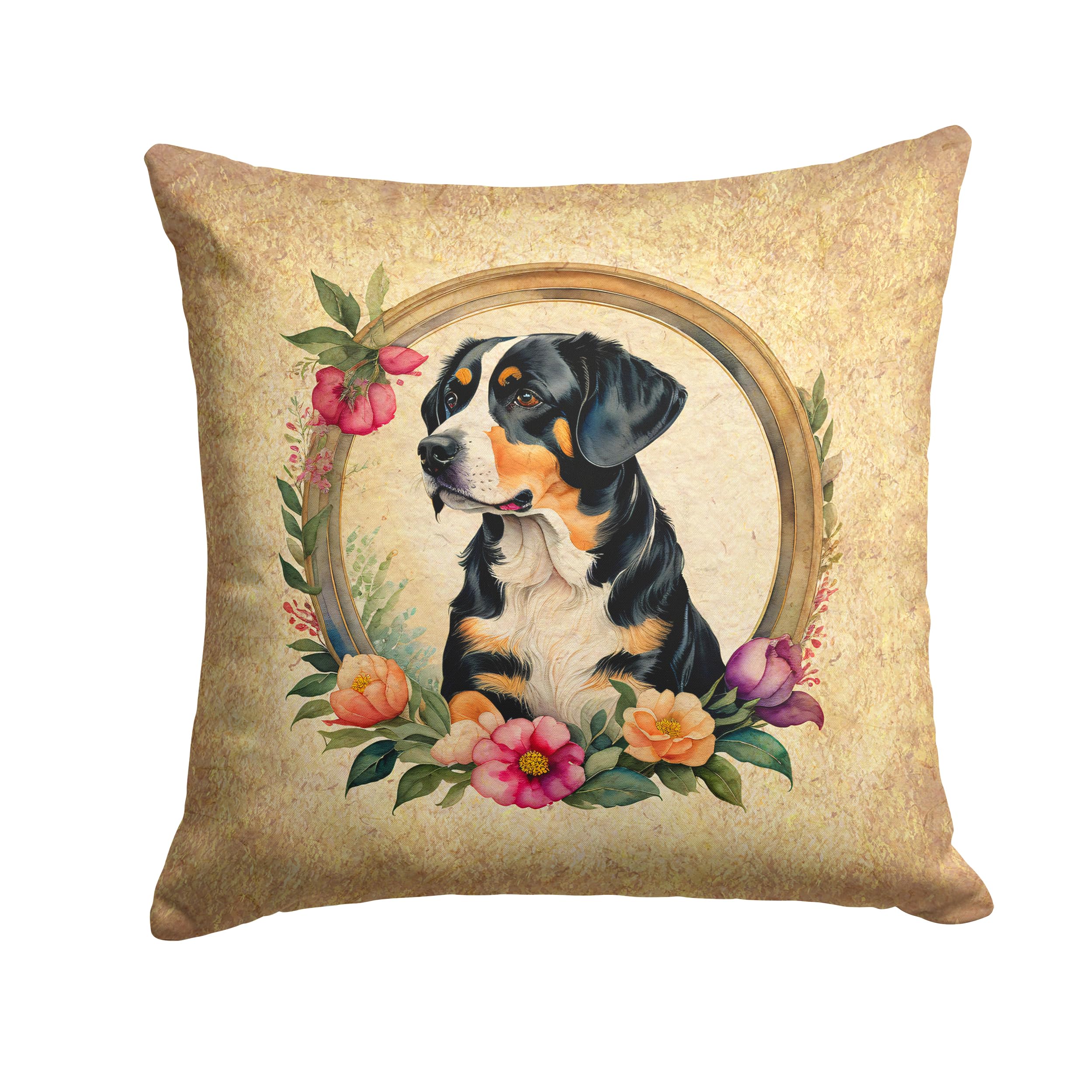 Entlebucher Mountain Dog and Flowers Throw Pillow