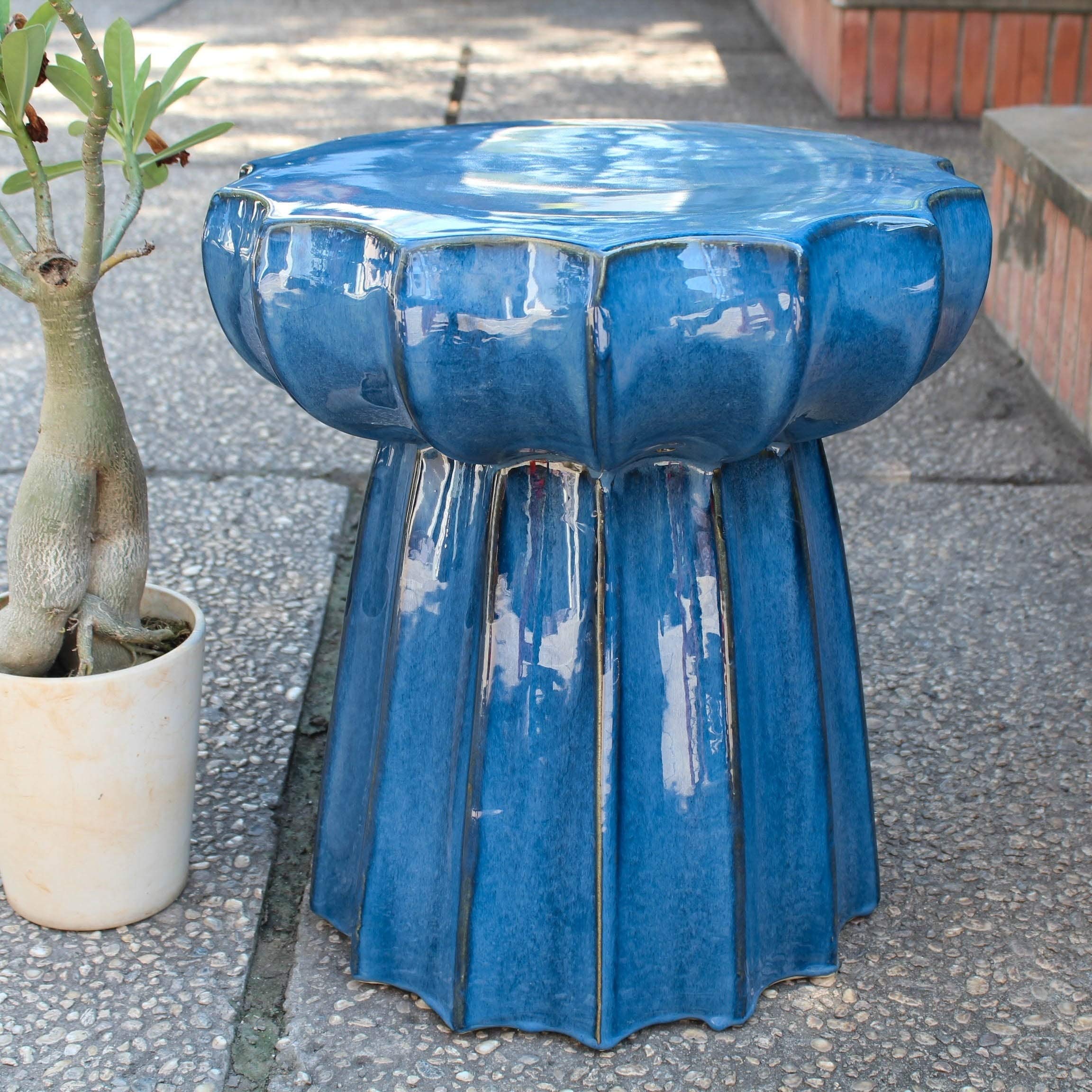 Round Scalloped Ceramic Garden Stool - Navy Blue