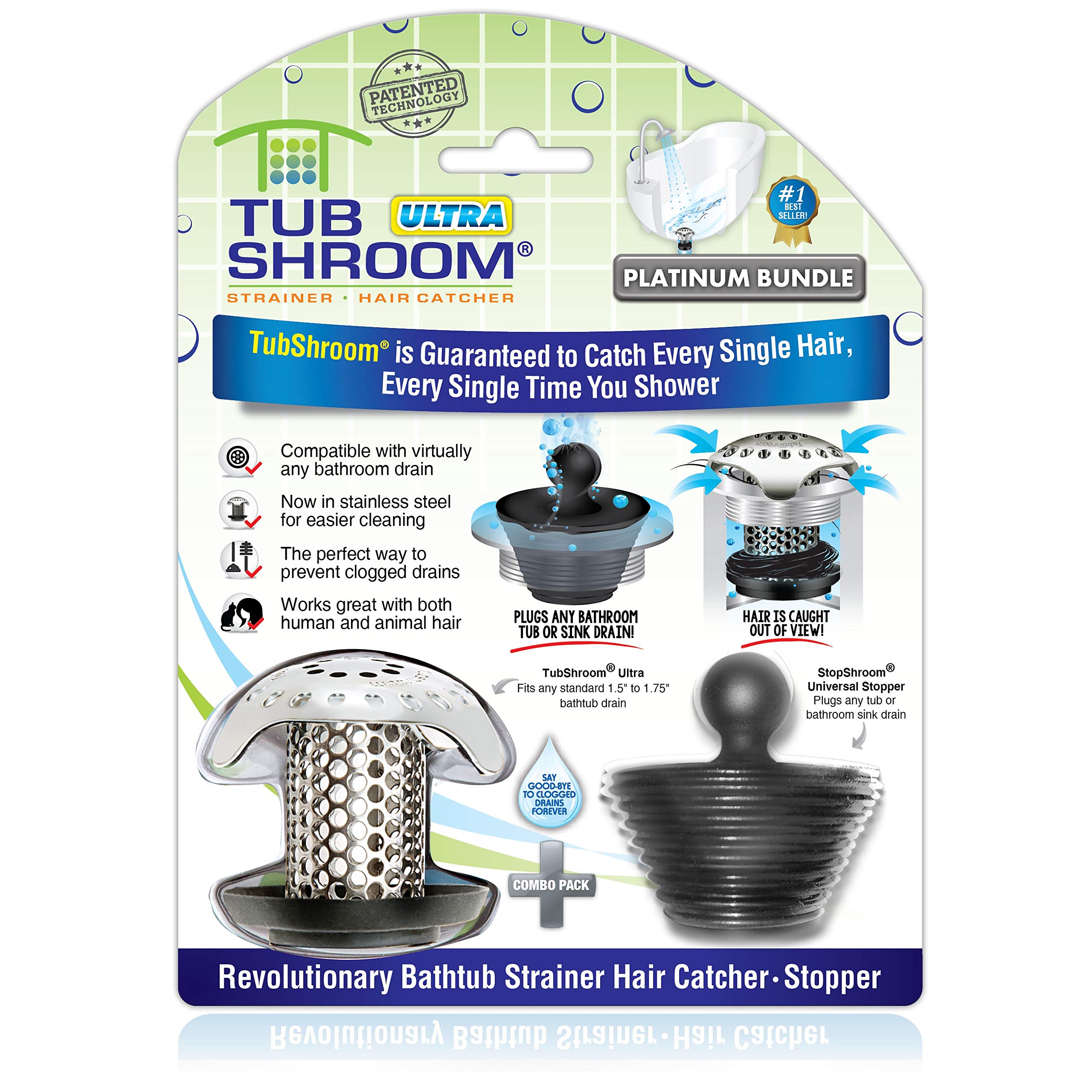 Tubshroom Ultra Revolutionary Bath Tub Drain Protector Hair Catcher/Strainer/Snare, Stainless Steel, Stainless Combo