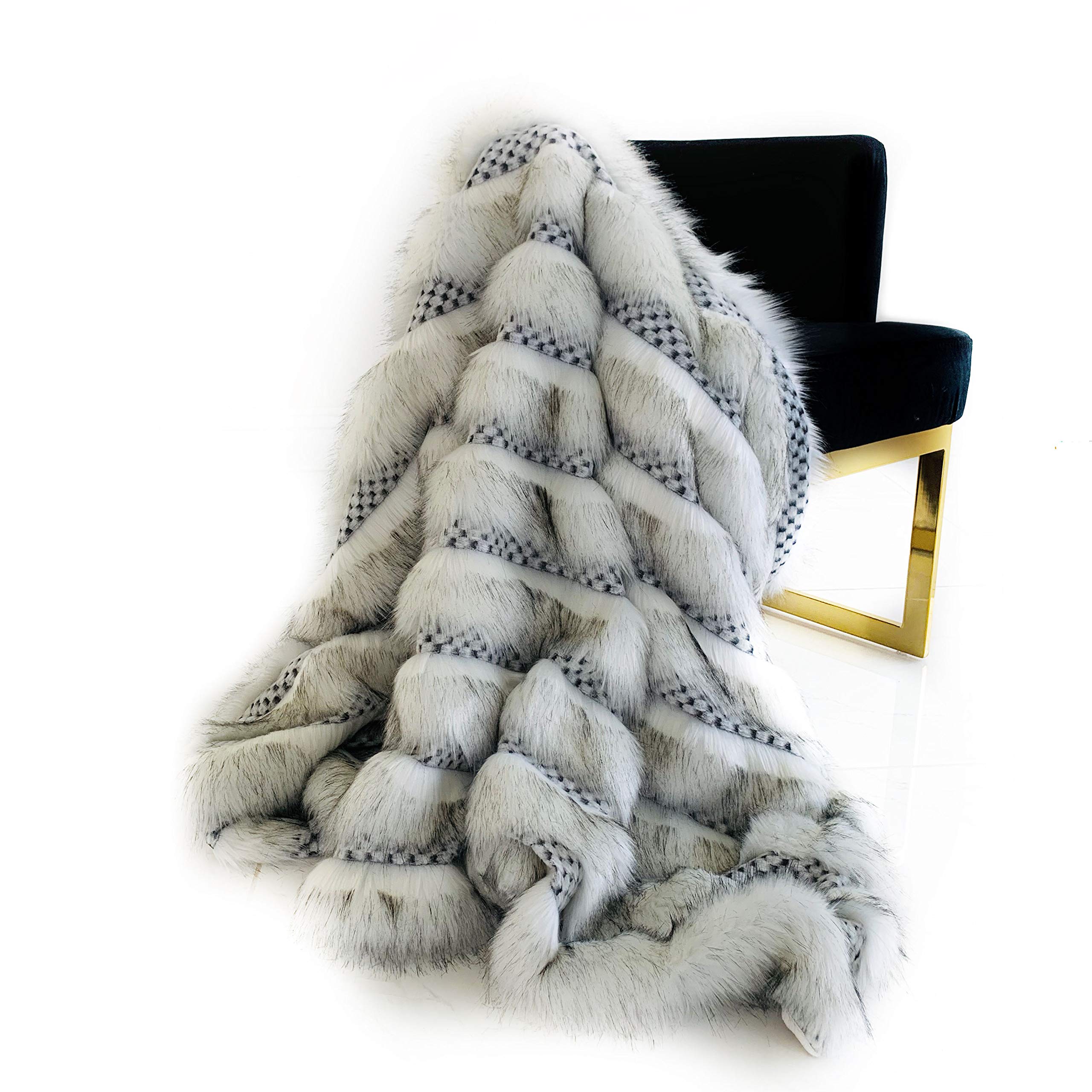 Plutus Off White  Two Tone Feather Faux Fur Luxury Throw Blanket Throw 48W x 60L- Off White