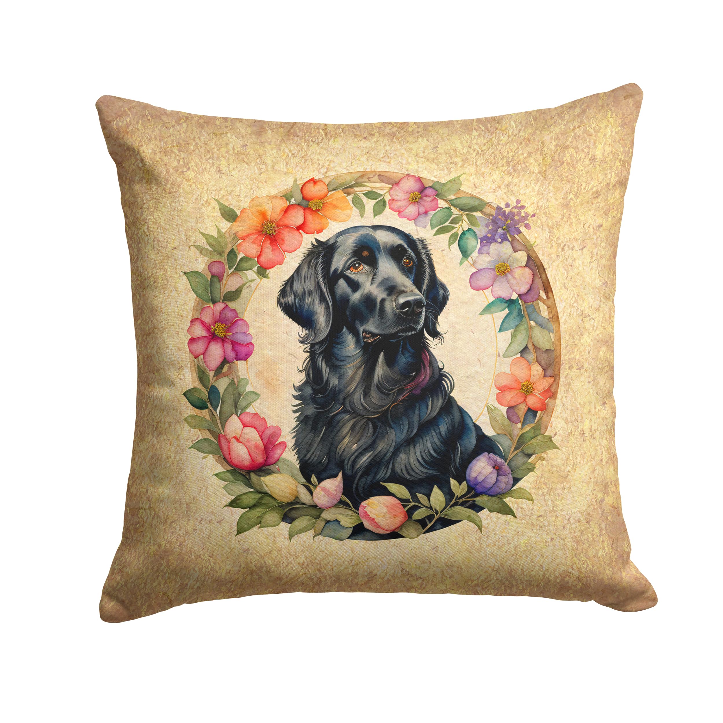 Flat-Coated Retriever And Flowers Throw Pillow