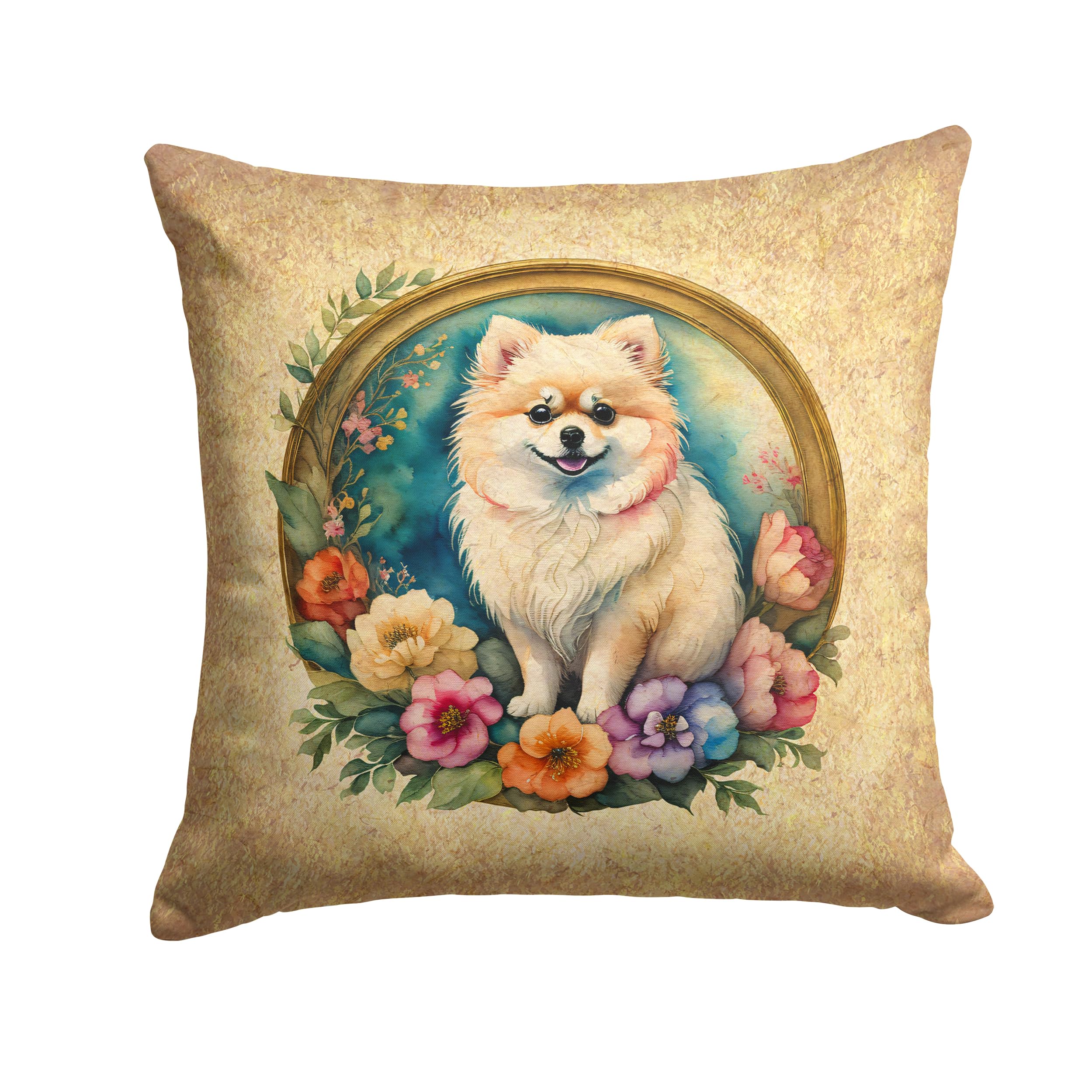 Pomeranian and Flowers Throw Pillow