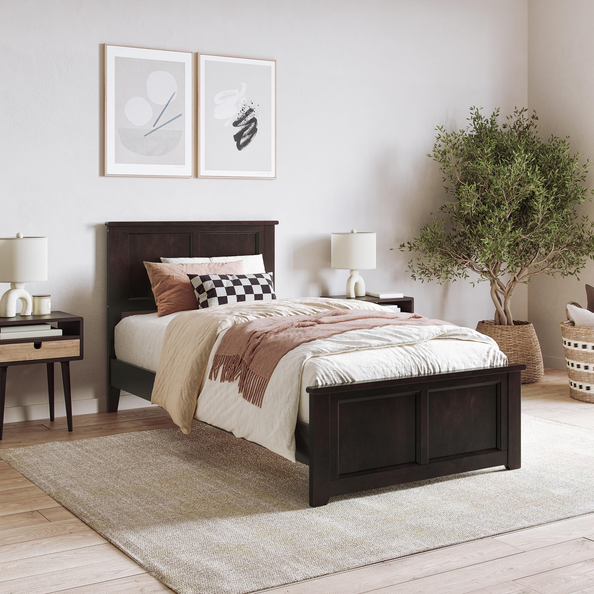 Charlotte Twin XL Solid Wood Low Profile Platform Bed with Matching Footboard in Espresso