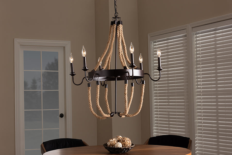 Baxton Studio Cassia Vintage Industrial Antique Style Hemp and Dark Bronze Metal 6 Light Chandelier