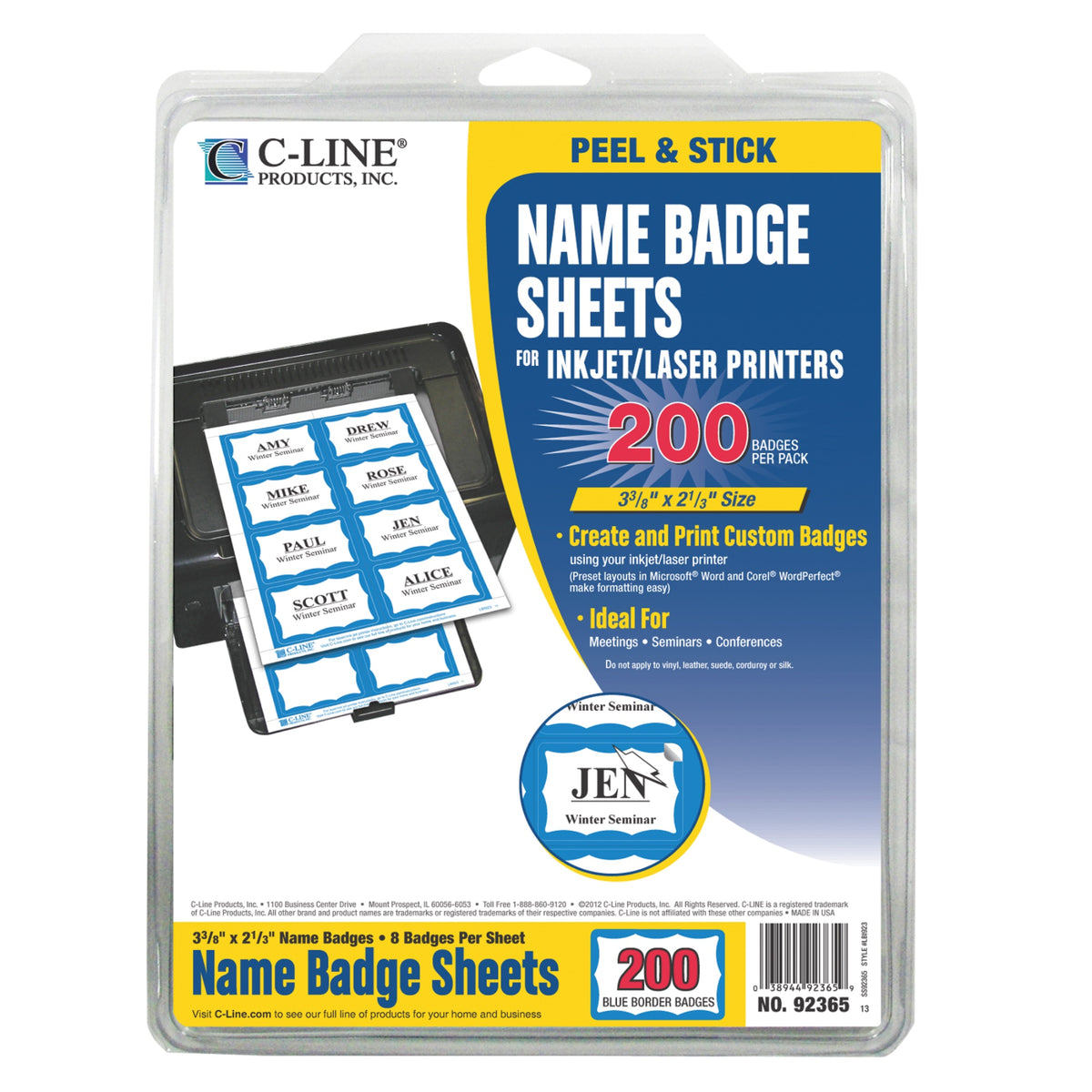 Laser Printer Name Badges, Blue Border, 8/Sheet, 3 3/8 X 2 1/3, 200/Bx, 92365