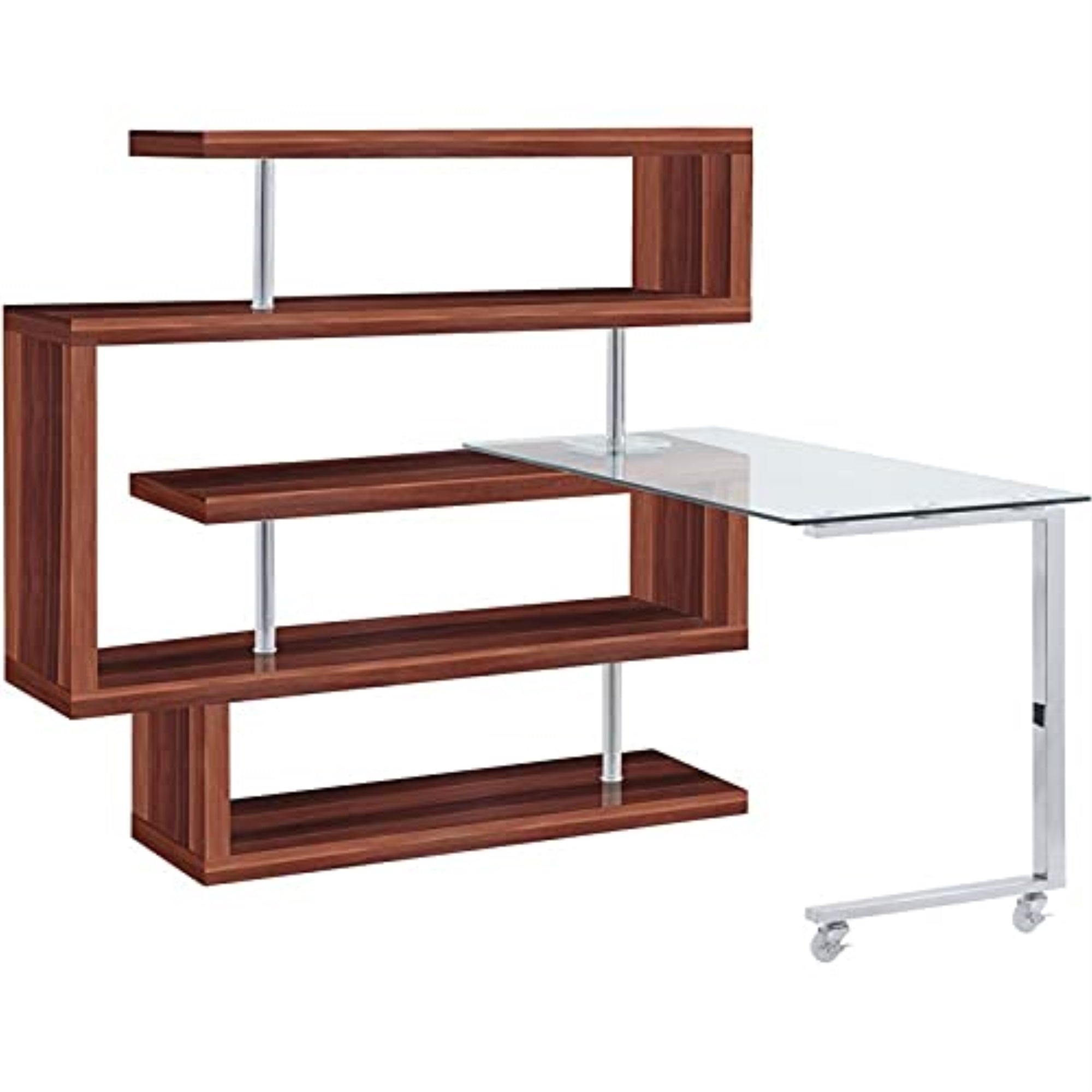 Writing Desk w/Shelf Clear Glass, Chrome & Walnut High Gloss Finish