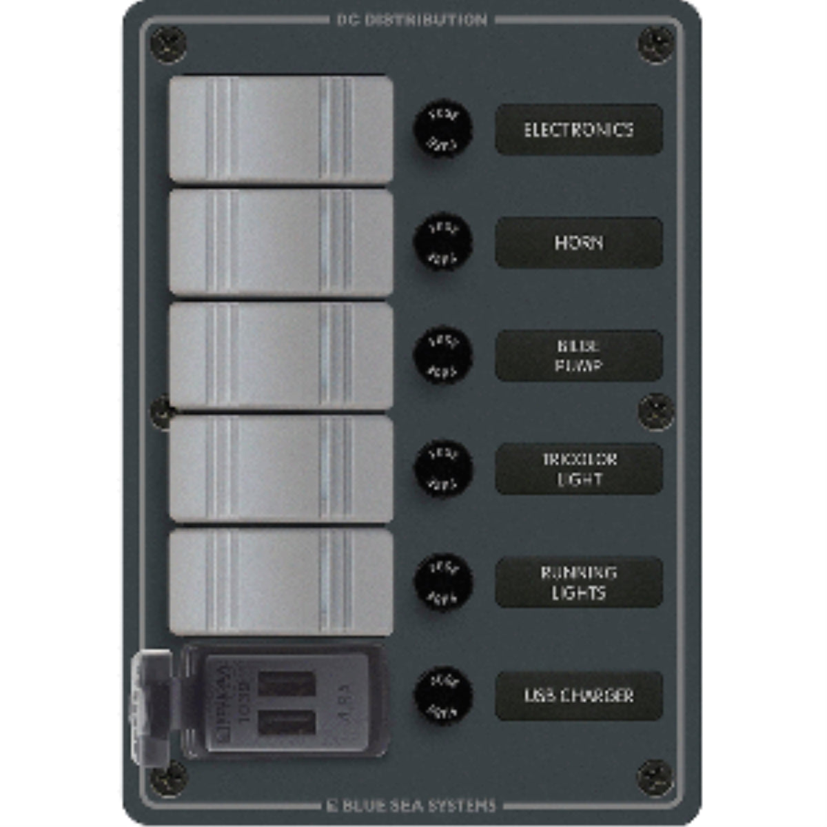 Blue Sea 8121 Waterproof Panel 5 Pos Plus Dual Usb Charger