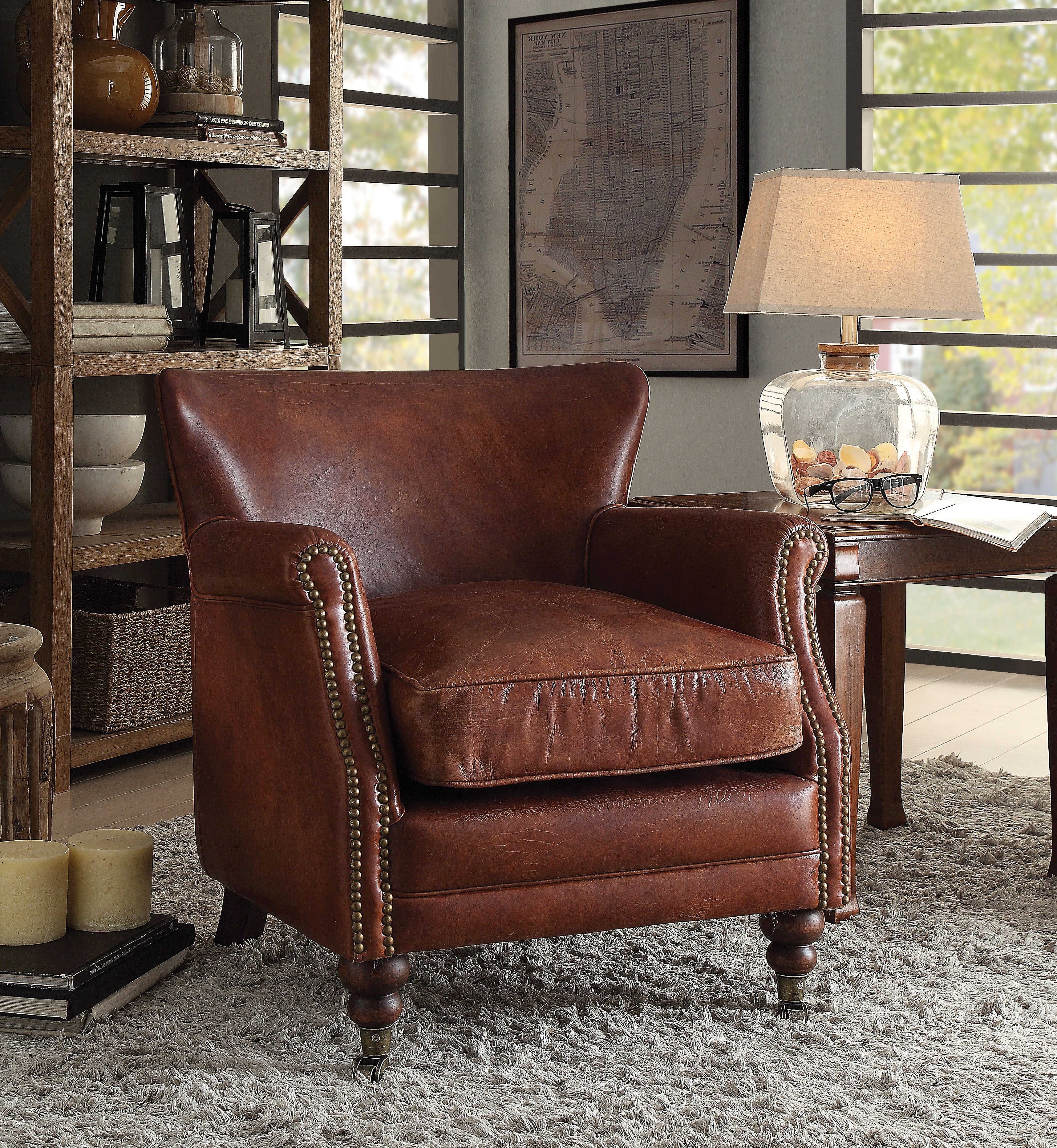 Yardlio Leeds Accent Chair Vintage Dark Brown TGL - Upholstery, Wood Legs, Rolled Arm, Nailhead Trim, Metal Caster Front Leg - 23.622 L x 29.1338 W x 27.559 H