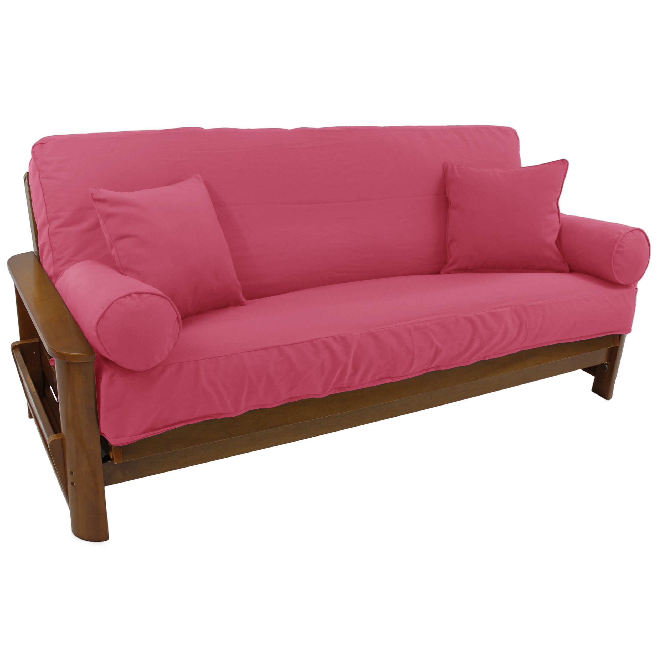 Solid Twill 8 to 9-inch Full Futon Cover Set with Four Throw Pillows (Set of 5) - Bery Berry