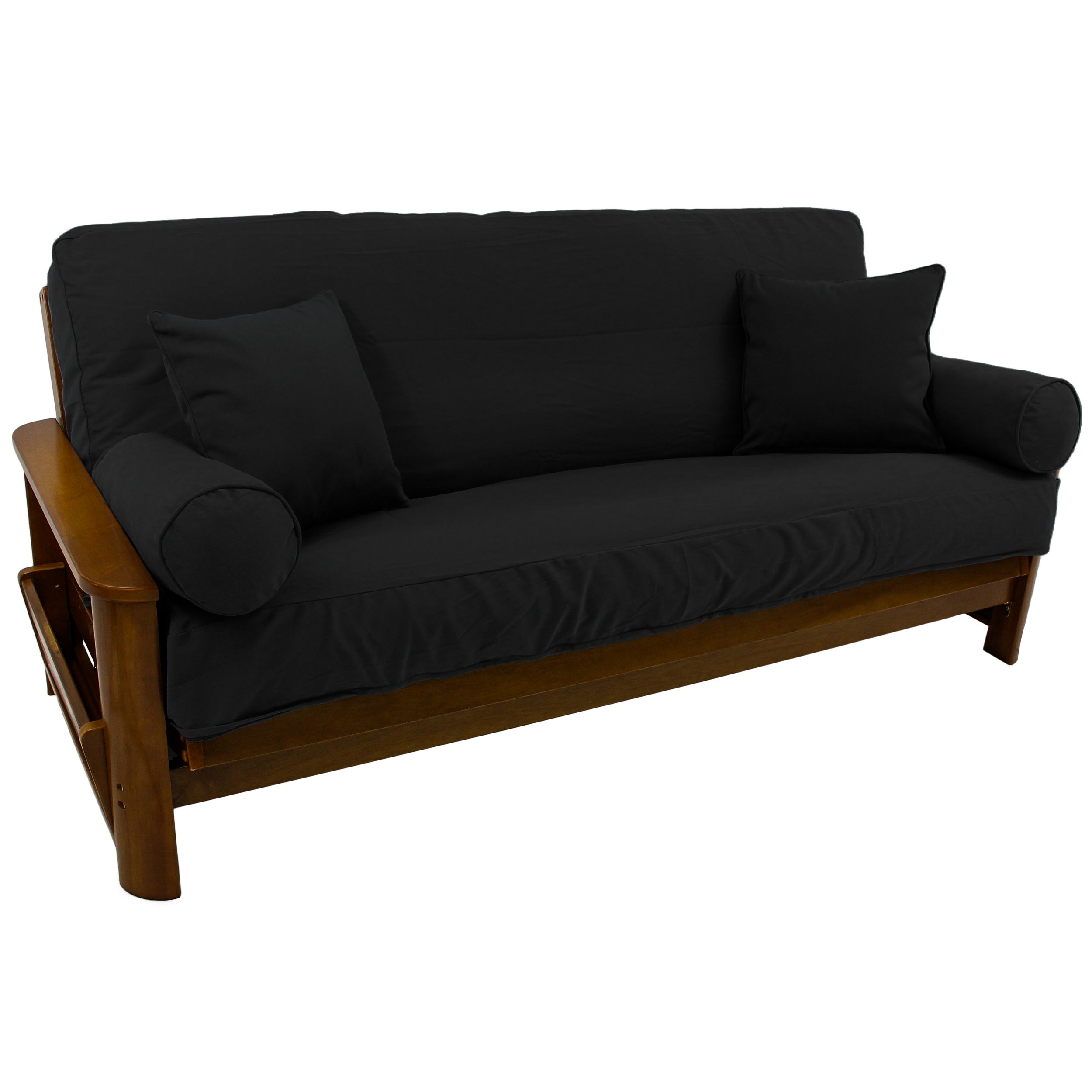 Solid Twill 8 to 9-inch Full Futon Cover Set with Four Throw Pillows (Set of 5) - Black