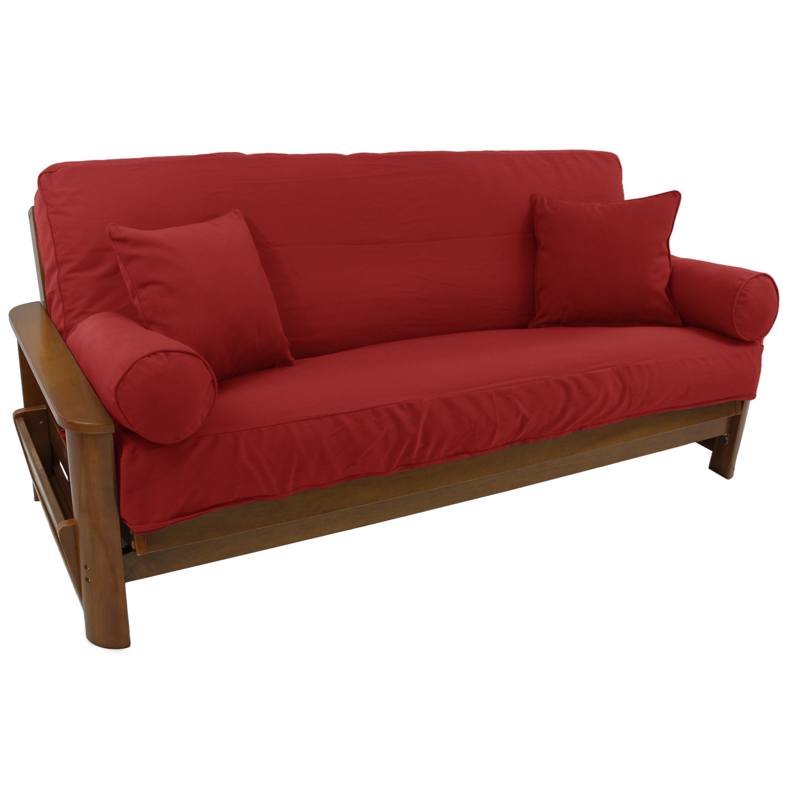 Solid Twill 8 to 9-inch Full Futon Cover Set with Four Throw Pillows (Set of 5) - Ruby Red
