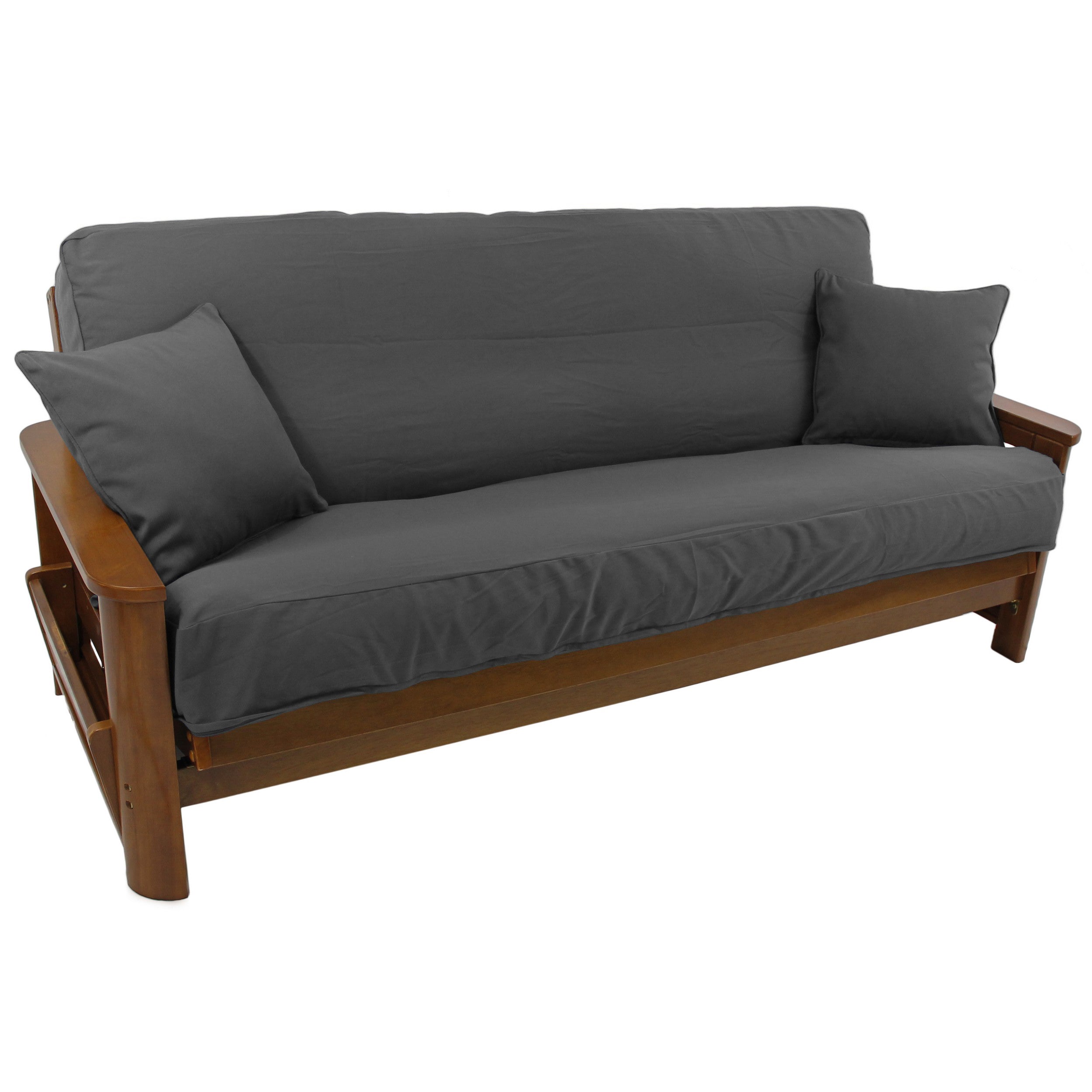 Solid Twill 8 to 9-inch Full Futon Cover Set with Two 18-inch Throw Pillows (Set of 3) - Steel Grey