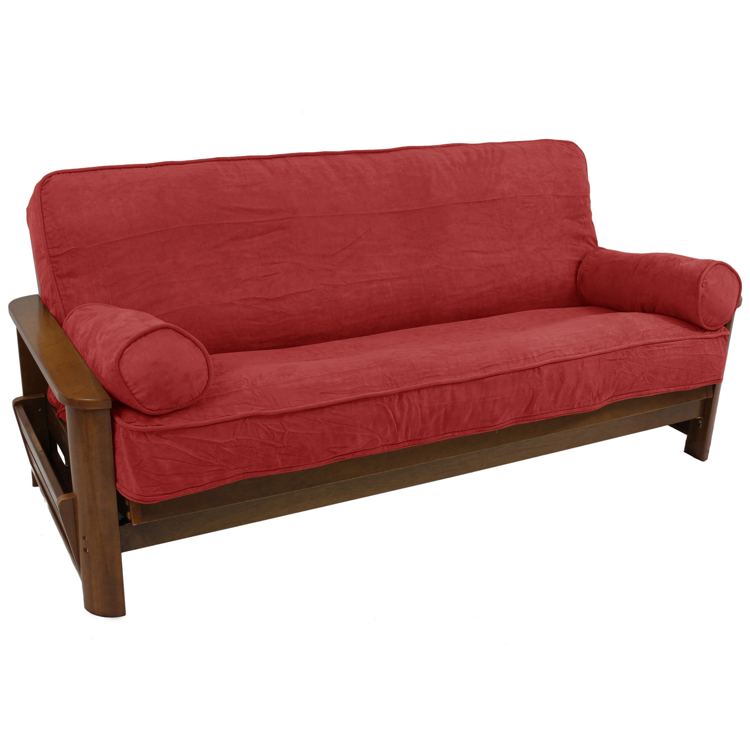 Solid Microsuede Double Corded 8 to 9-inch Full Futon Cover Set with Two 20 by 8-inch Bolster Pillows (Set of 3) - Cardinal Red