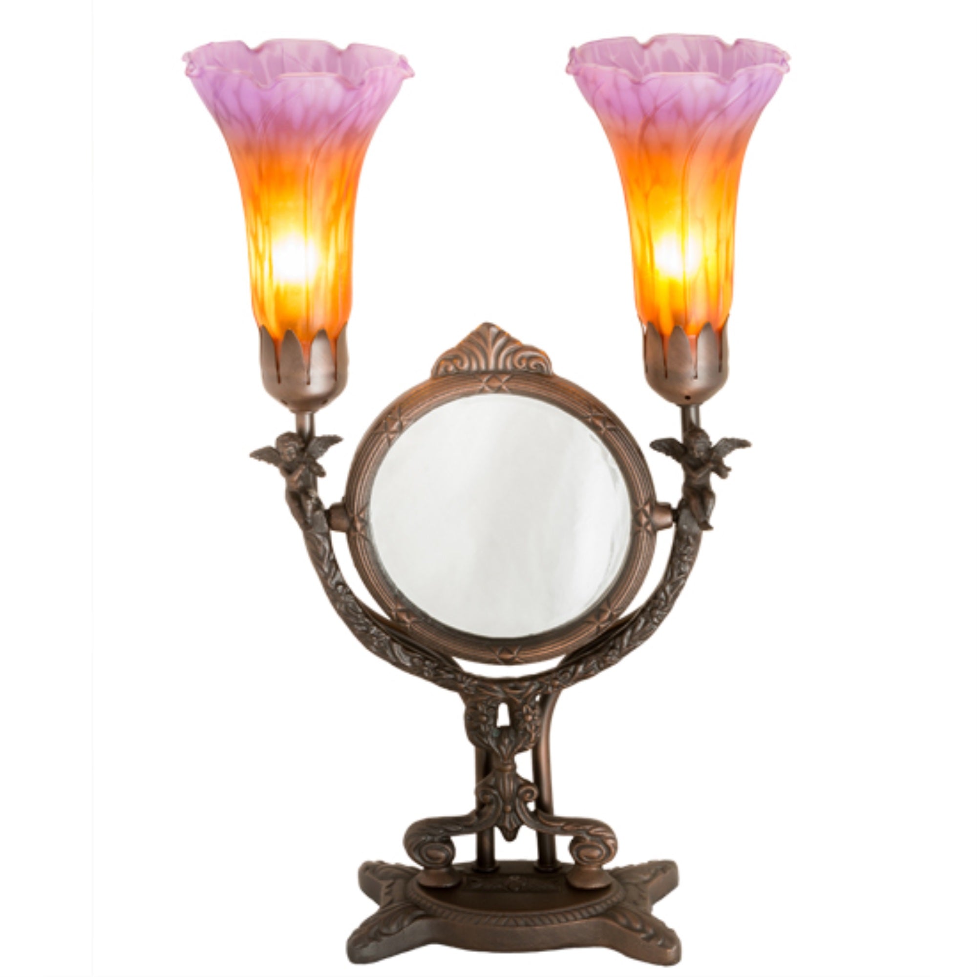 17'H Amber/Purple Pond Lily Cherub Mirror Accent Lamp