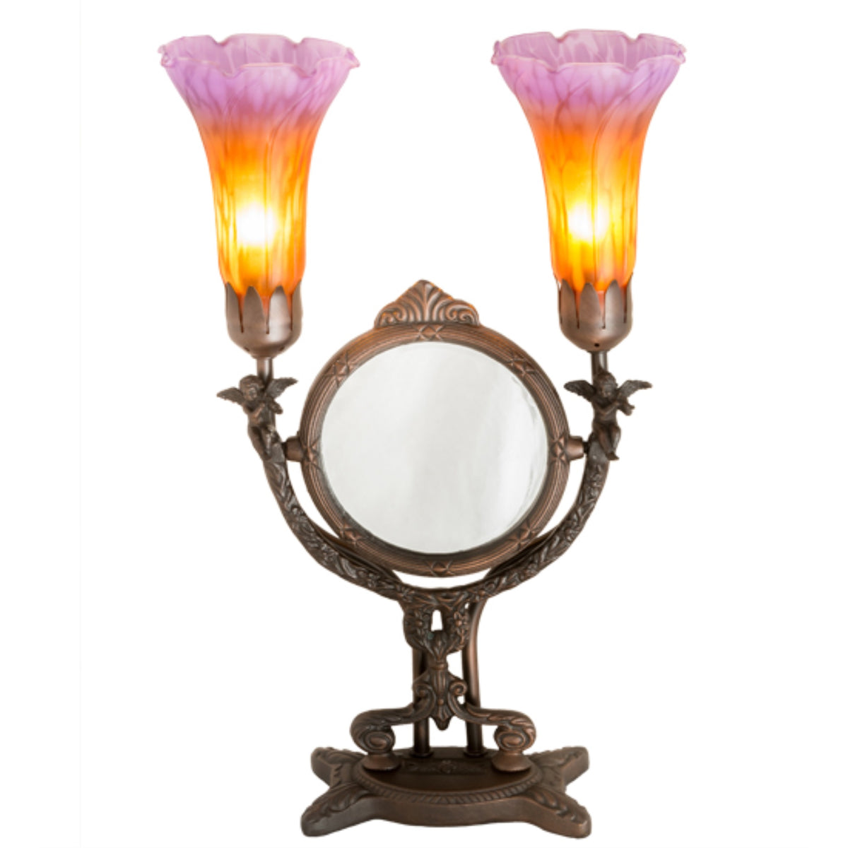 17'H Amber/Purple Pond Lily Cherub Mirror Accent Lamp