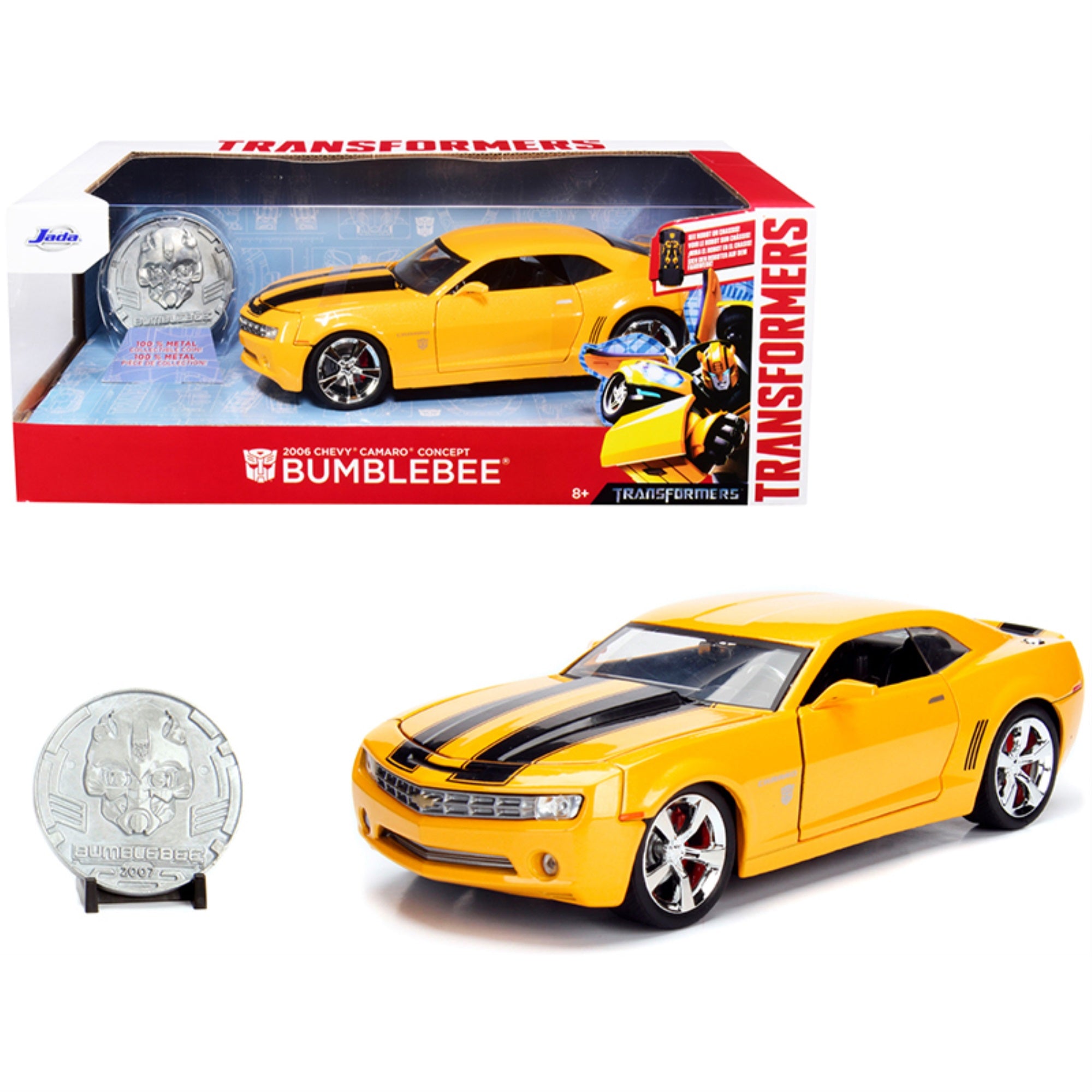 2006 Chevrolet Camaro Concept Yellow Bumblebee With Robot On Chassis And Collectible Metal Coin 'Transformers' Movie 1/24 Diecast Model Car By Jada