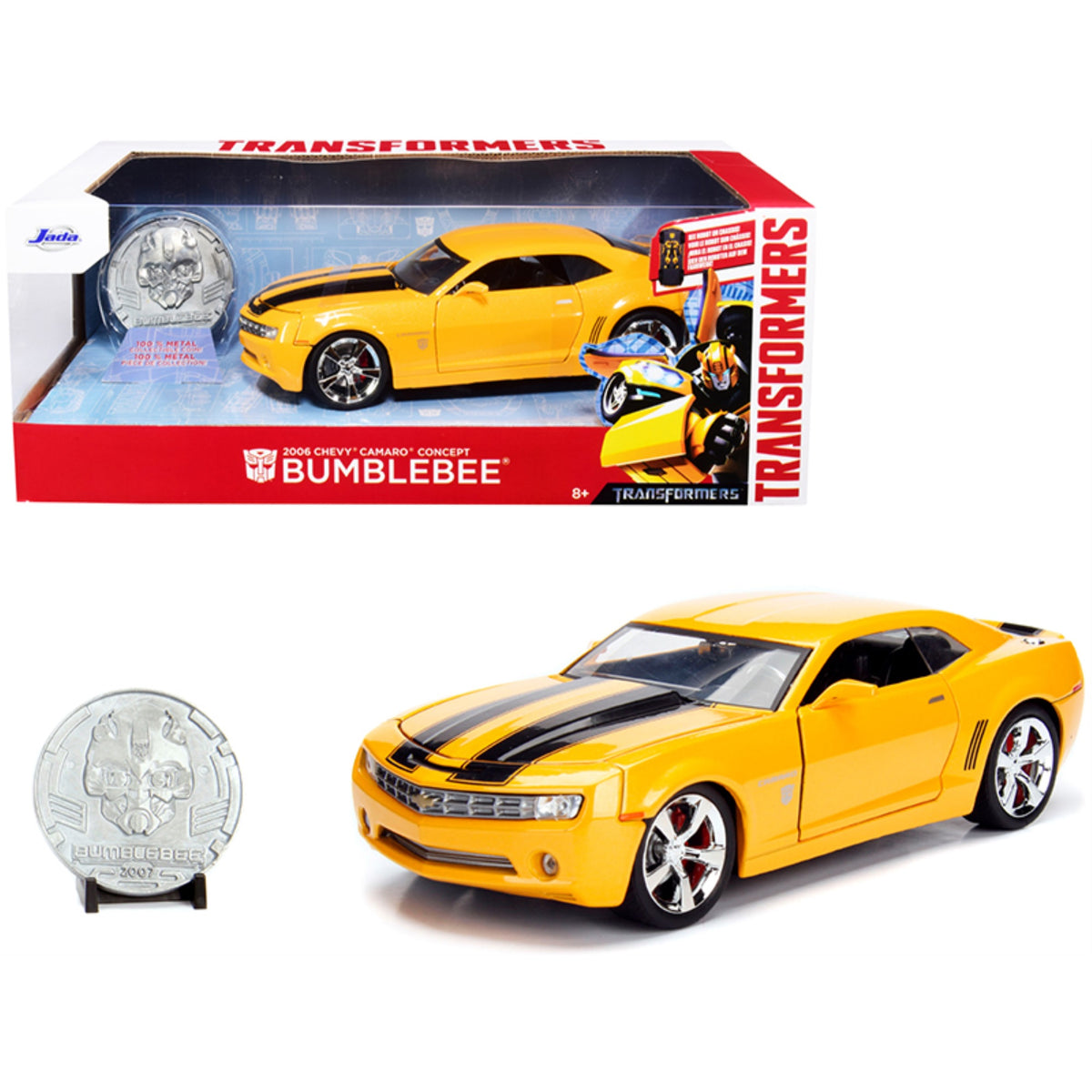 2006 Chevrolet Camaro Concept Yellow Bumblebee With Robot On Chassis And Collectible Metal Coin 'Transformers' Movie 1/24 Diecast Model Car By Jada