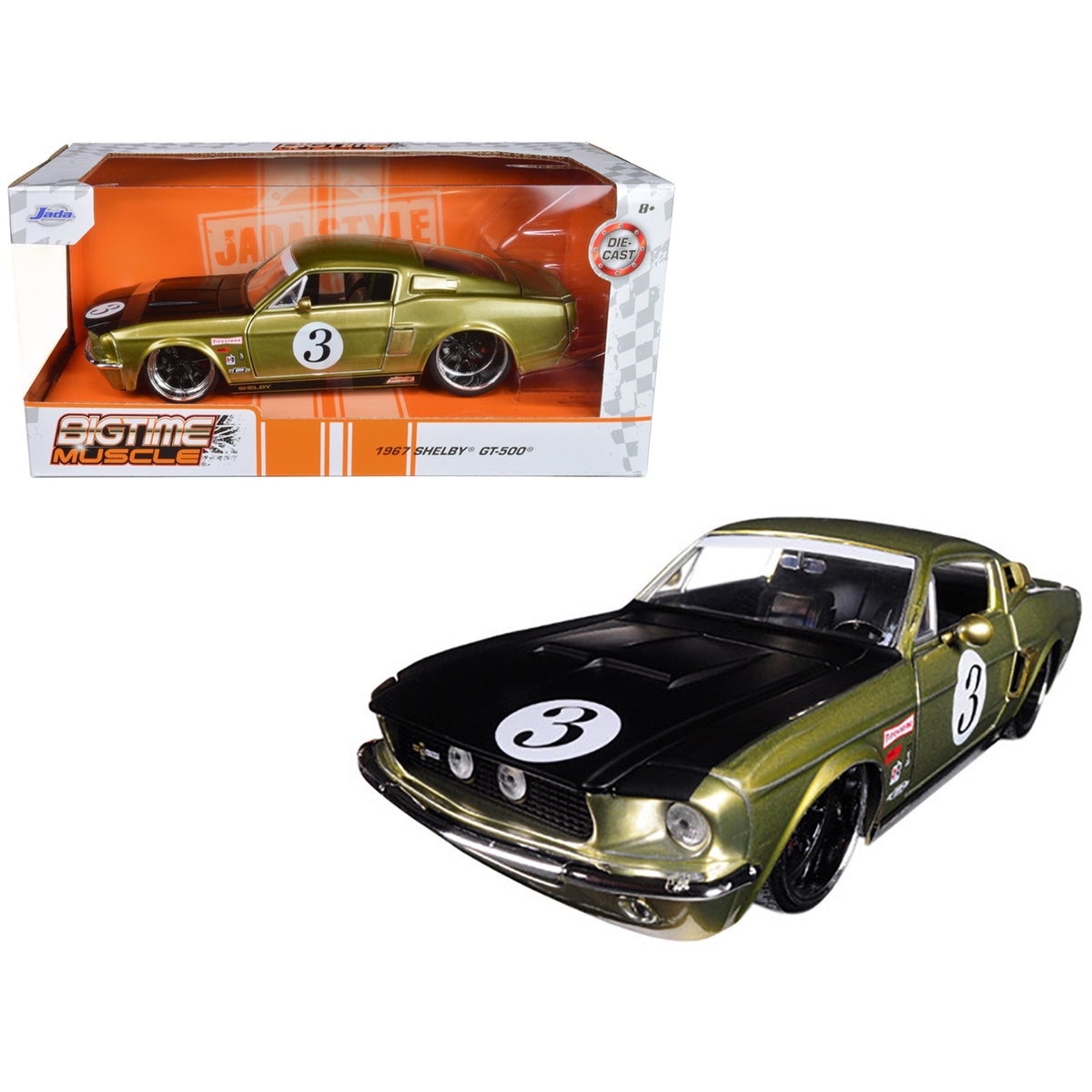 1967 Ford Shelby Gt-500 #3 Gold With Matt Black Hood 'Big Time Muscle' 1/24 Diecast Model Car By Jada